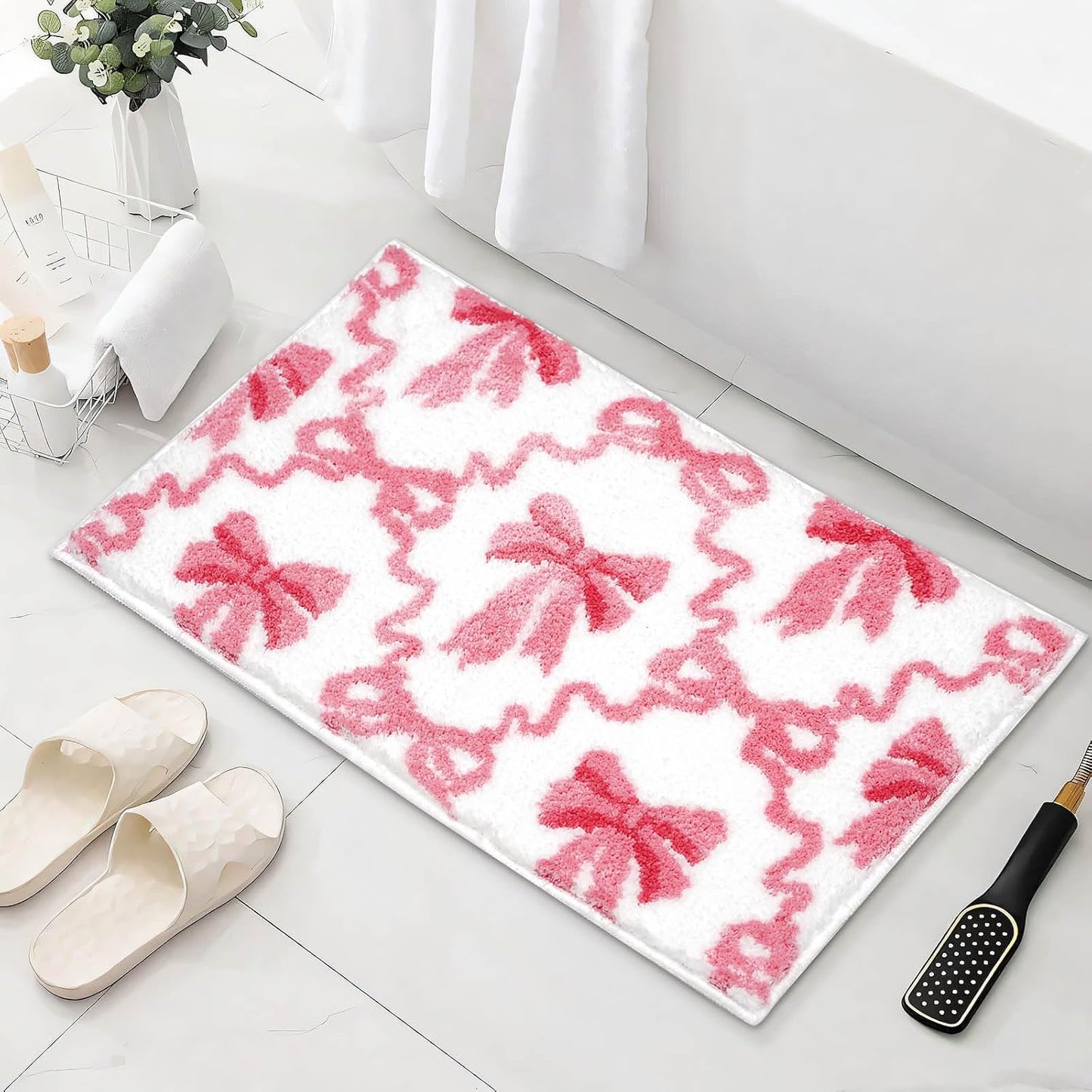 Cute Pink Bow Bathroom Rugs Coquette Bath Mat for Bathroom | Non Slip Absorbent Bow Bath Mat Washable 20x32 inch