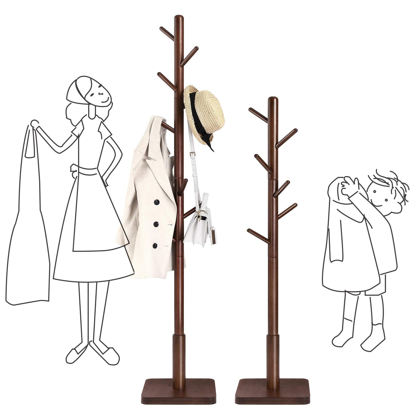 Solid Wood Coat Rack – Free-Standing Tree with 8 Hooks, Adjustable Height for Coats, Hats, and Bags