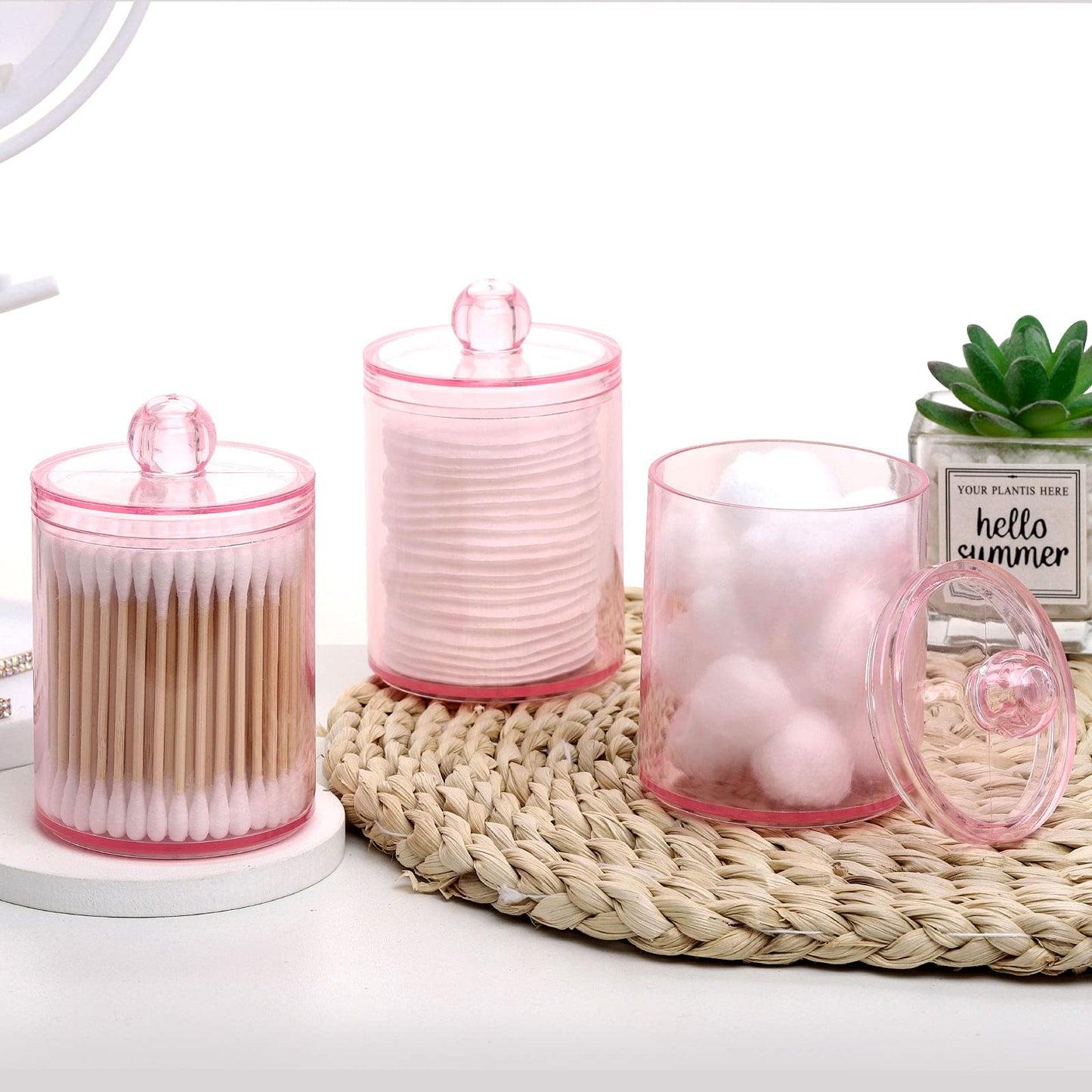 Pink Apothecary Jar – Q-Tips Holder & Cotton Swab Dispenser for Bathroom Storage