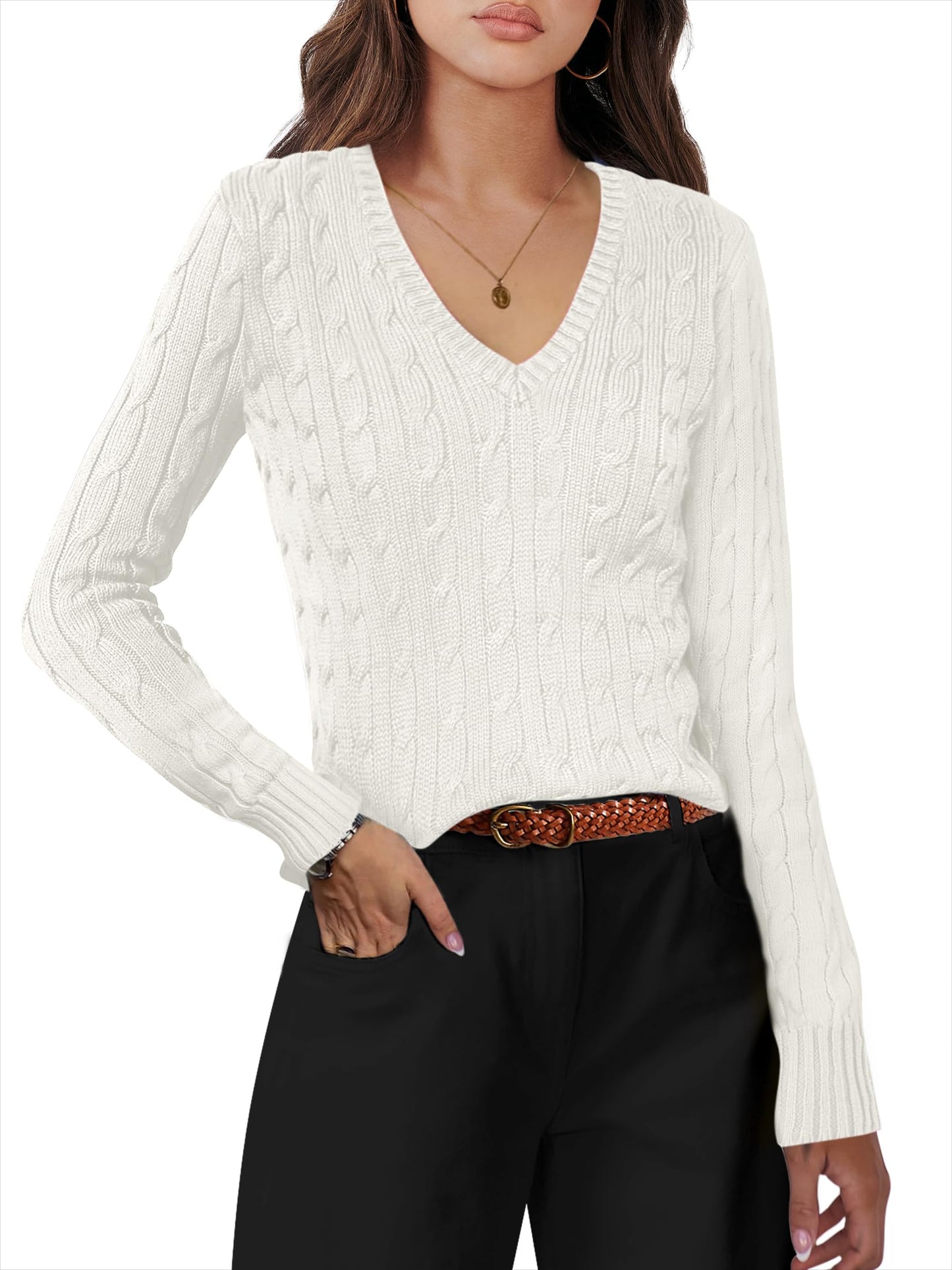 Women's Long Sleeve V Neck Cable Knit Sweater Jumper