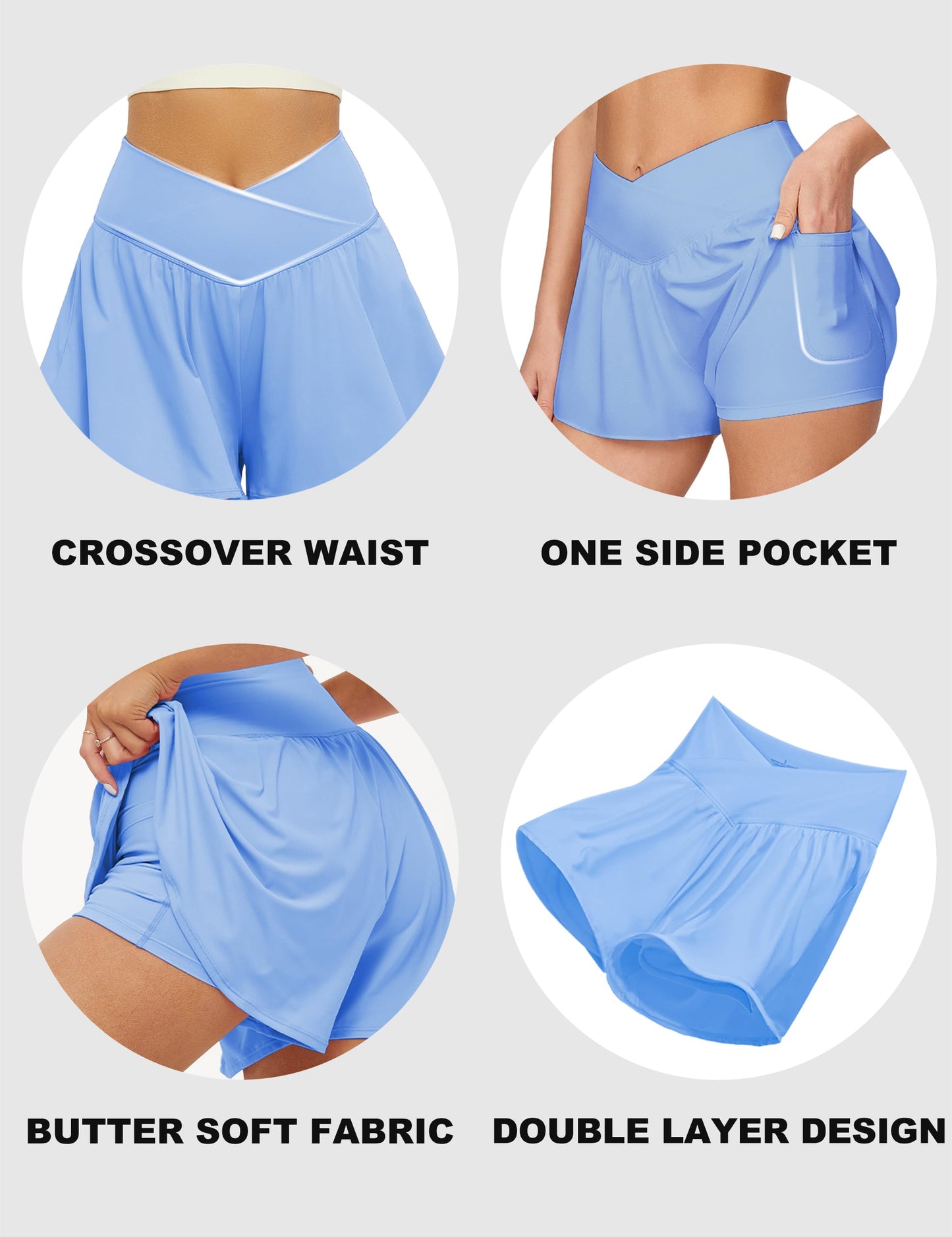 Crossover Athletic Shorts for Women – 2-in-1 Flowy Running Shorts with Pockets & Spandex Tennis Skorts