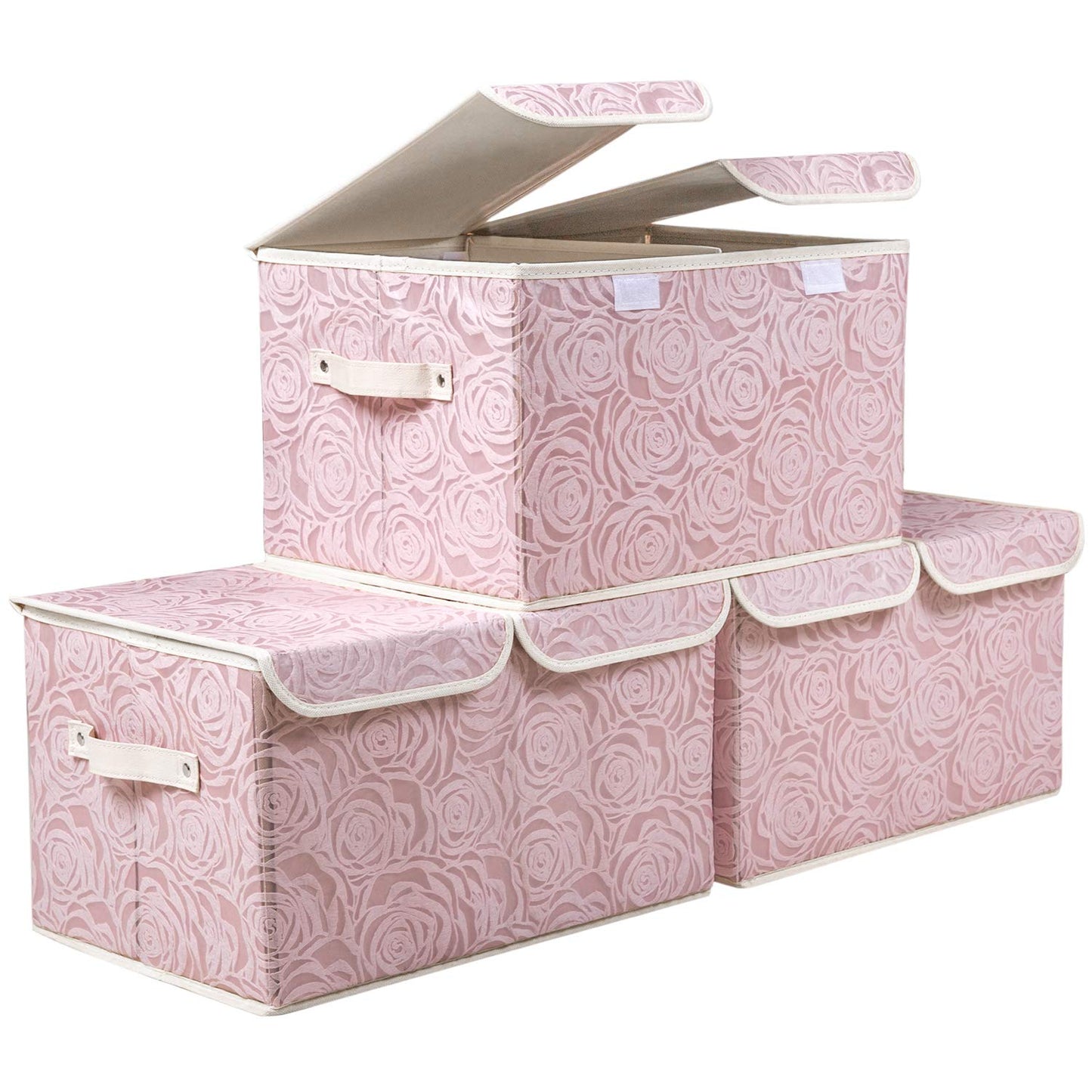 Larger Collapsible Storage Bin with Lid Fabric Decorative Storage Box Cube Organizer Container Baskes with Handles Divider for Bedroom Closet Living Room Pink 17.7x11.8x11.8 Inch