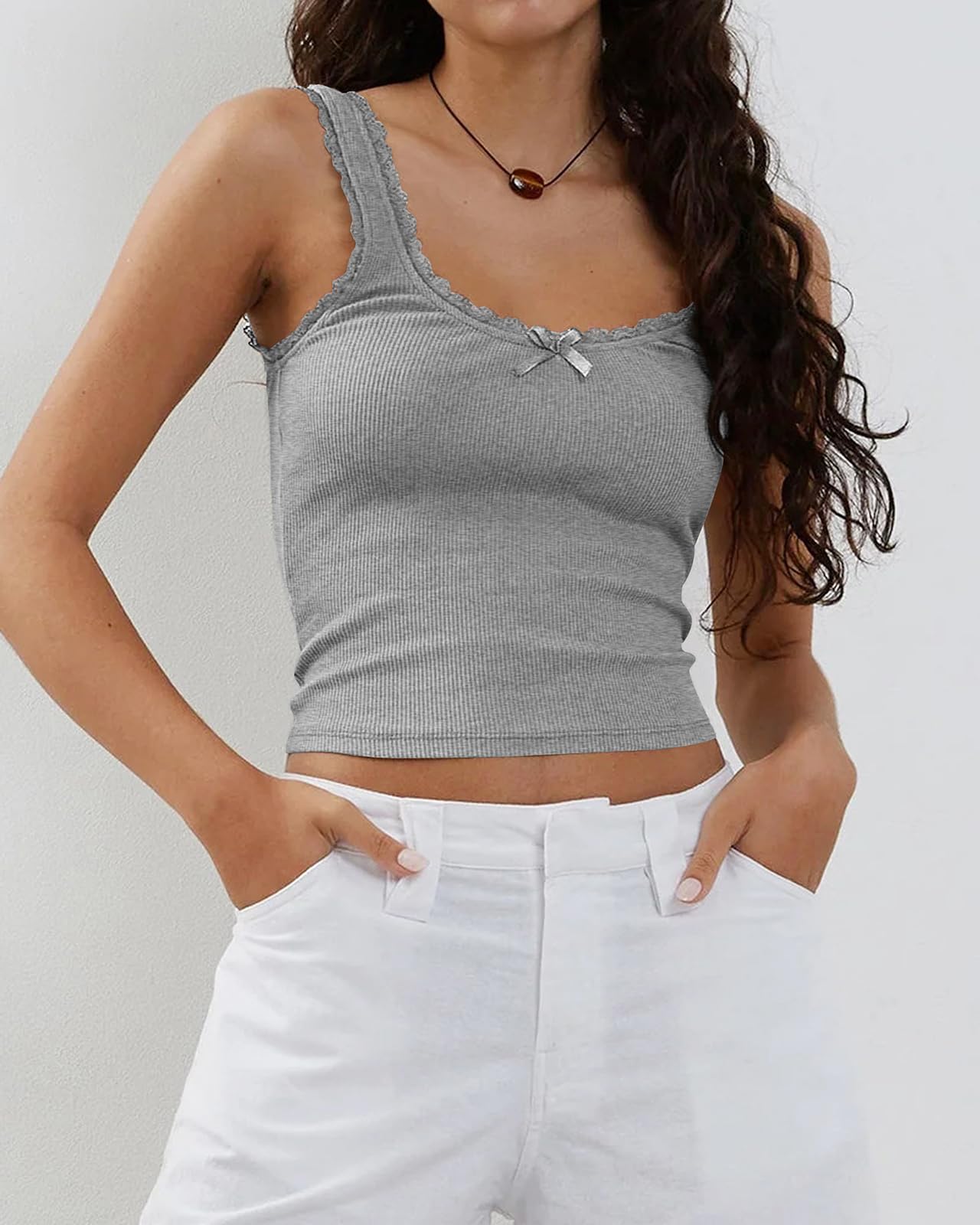 Women's Tank Tops Cute Slim Fitted Ribbed Knit Bow Lace Camisole