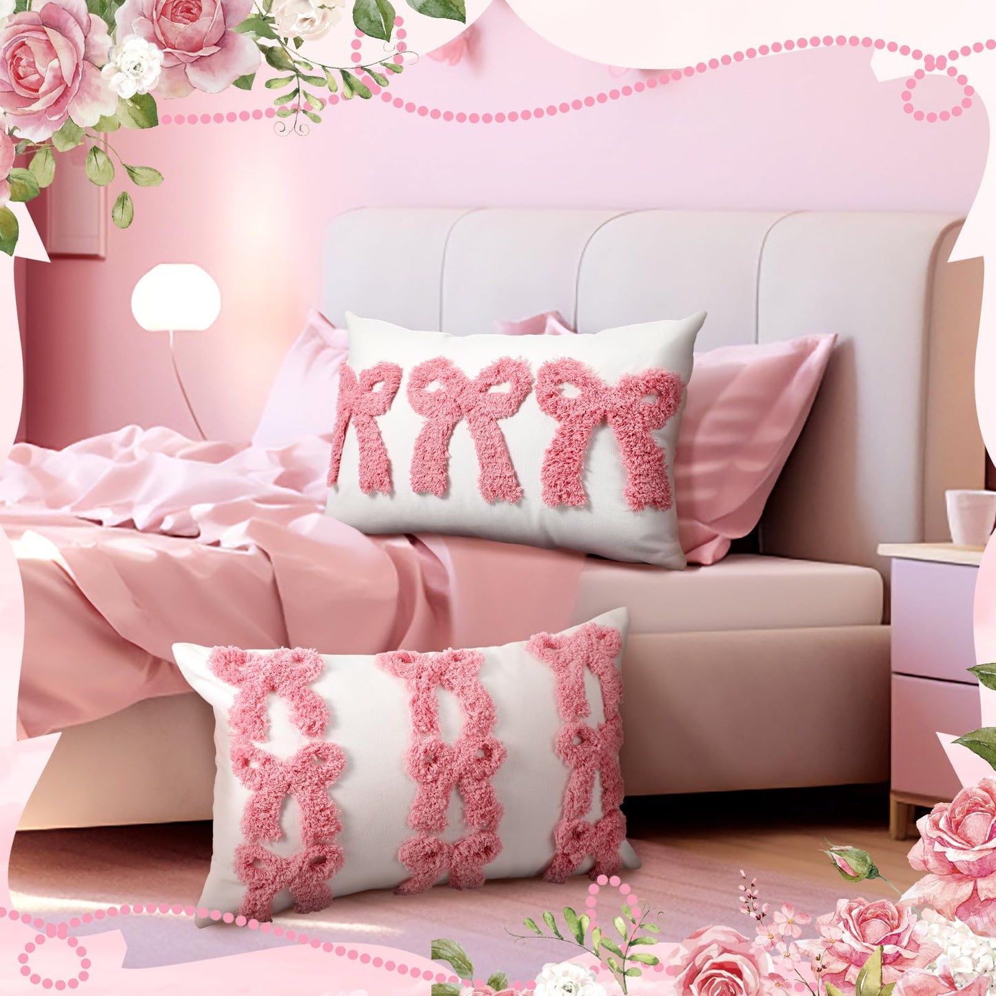 Pink Bow Coquette Pillow Covers - Lumbar Pillow Case Embroidered Throw Cushion Case for Decoration (20 x 12 Inches) 2 Pcs