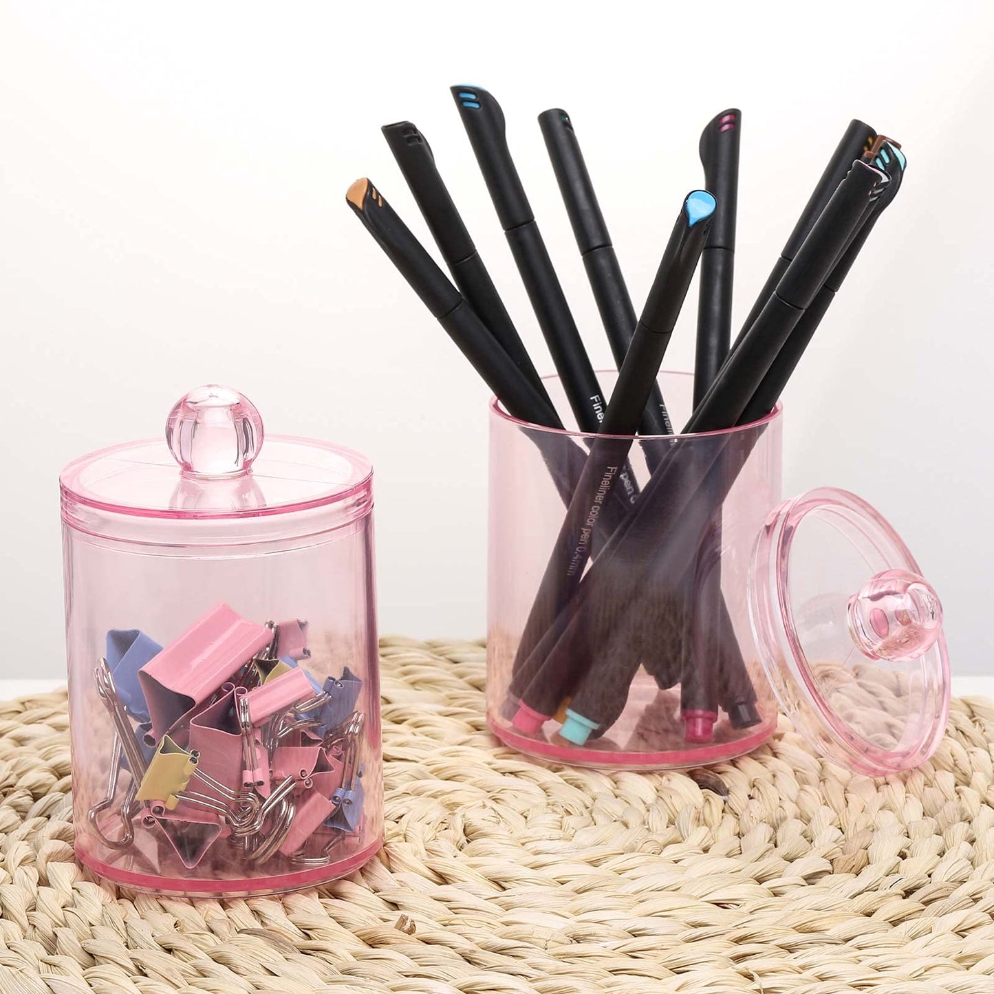 Pink Apothecary Jar – Q-Tips Holder & Cotton Swab Dispenser for Bathroom Storage