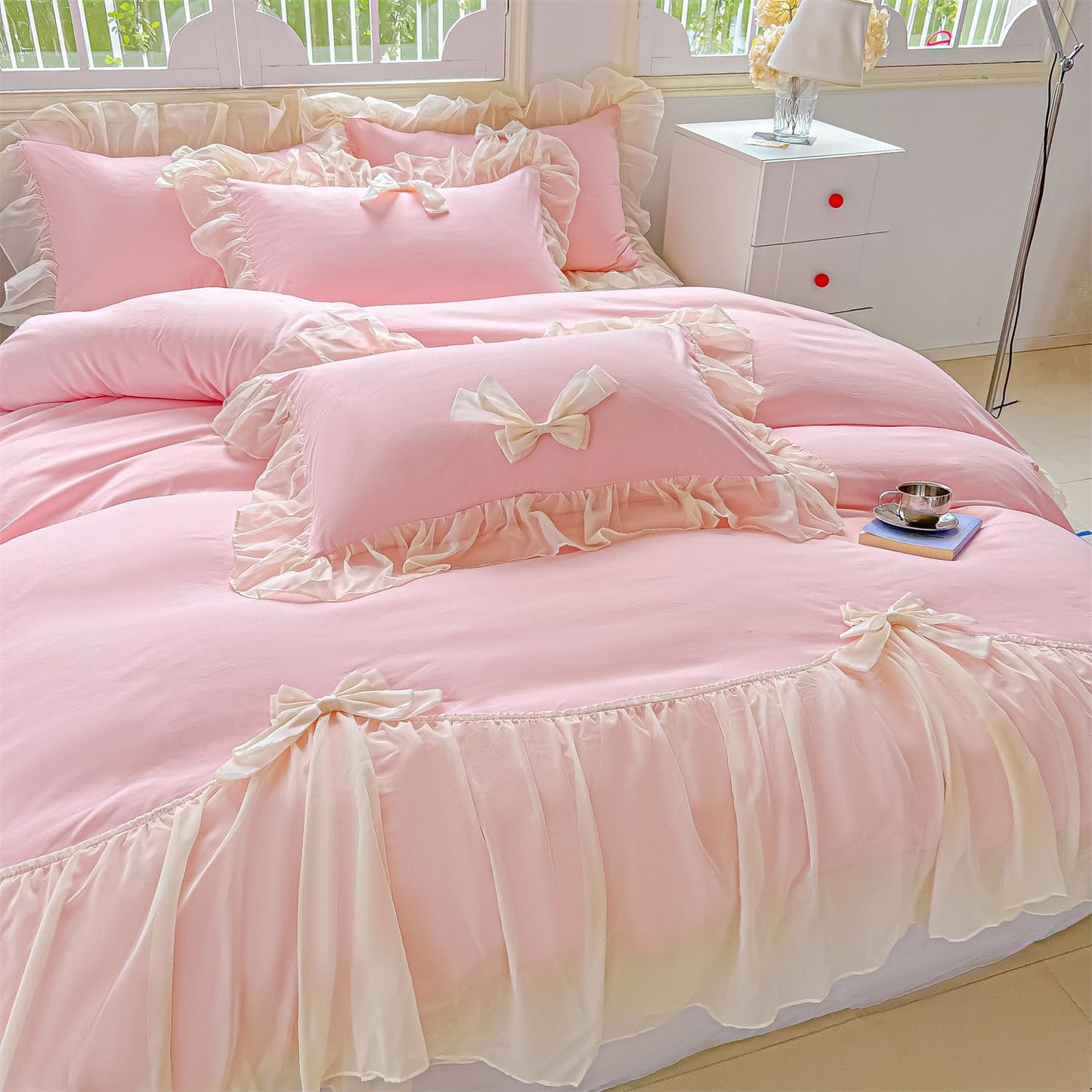 Princess Style Lace Bedding Comforter Cover Set, Chic Ruffled Duvet Cover with Lovely Bow, 1 Duvet Cover with 2 Pillowcases, No Comforter