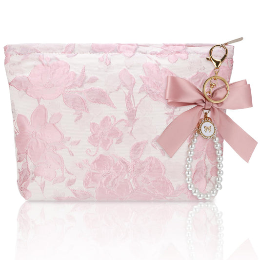 Coquette Pink Makeup Bag Pearl Bow Wristlet Keychain