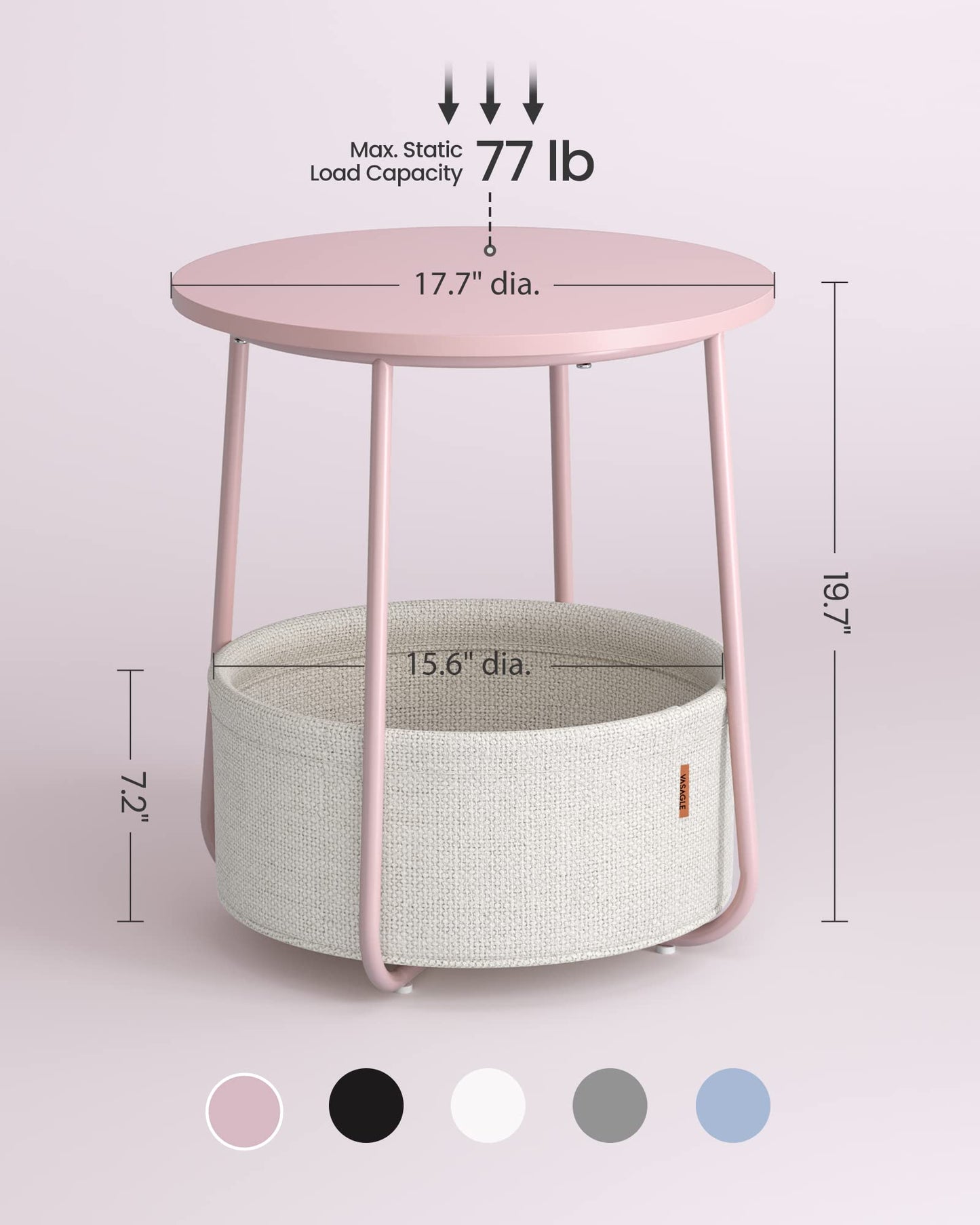 Small Bedside Table with Fabric Basket, Modern Nightstand, Round Side Table