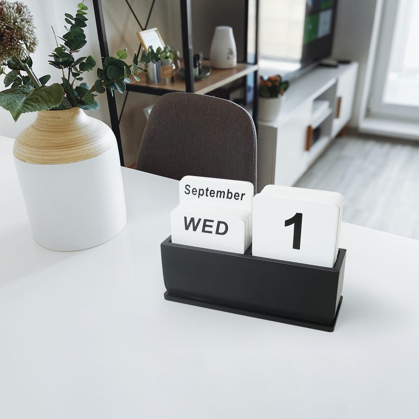 Wooden Block Perpetual Calendar for Desk, Daily Desktop Standing Flip Calendar with Large Display