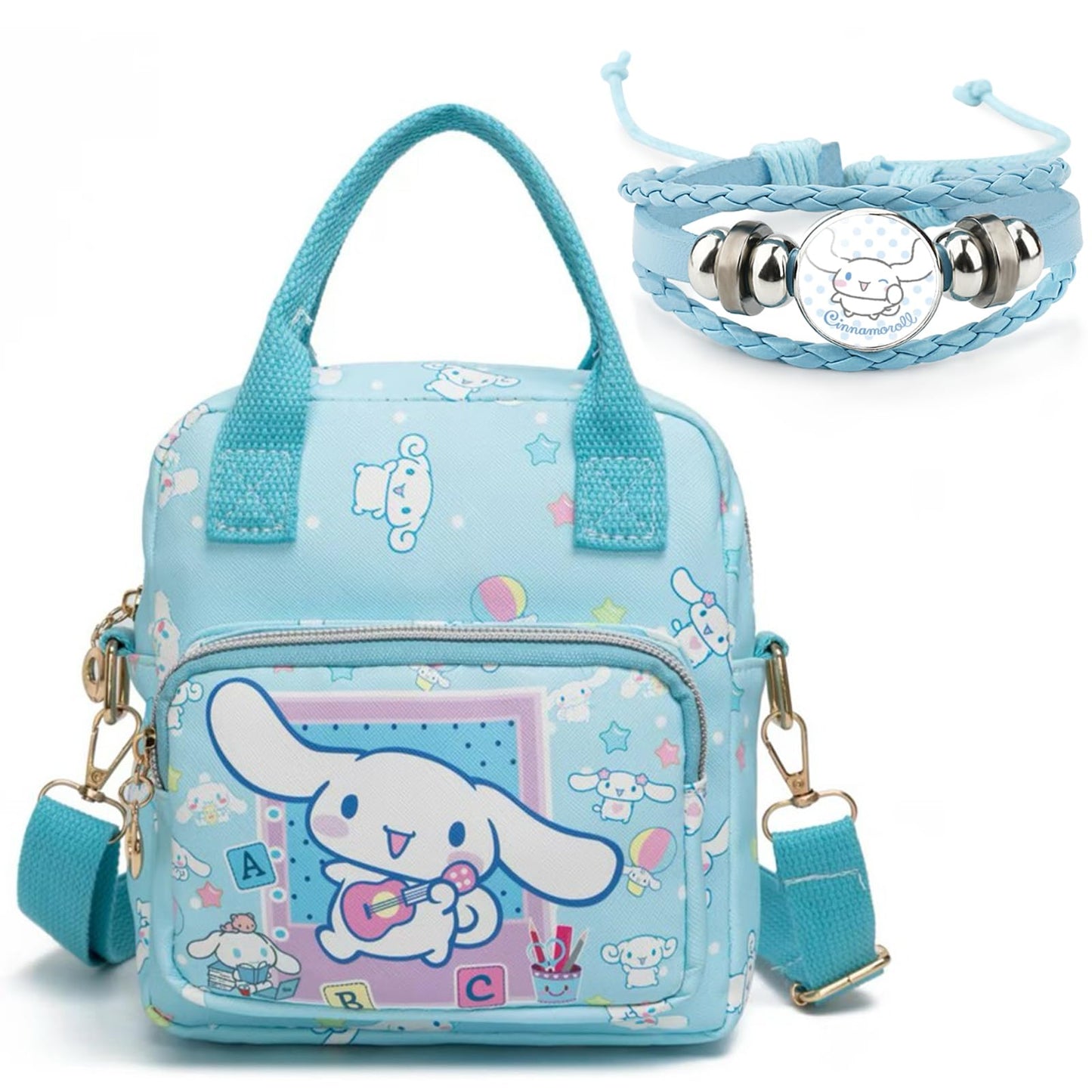 Kawaii Kitty PU Crossbody Bag with Handles Adjustable Shoulder Strap and Bracelet, Handbag with Zipper, Wallet Purse