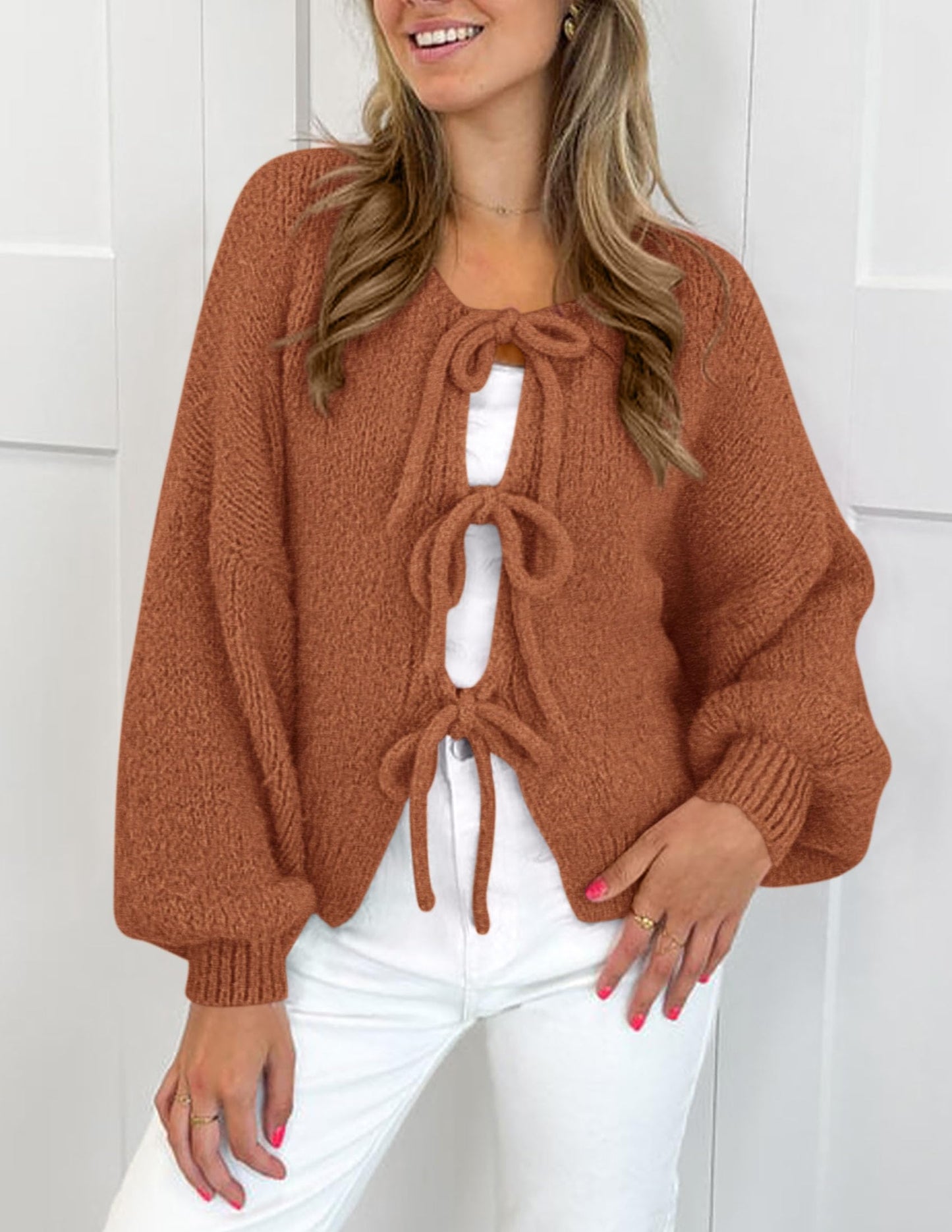 Women's Tie Front Bow Cardigan Sweaters Chunky Knit Long Puff Sleeve