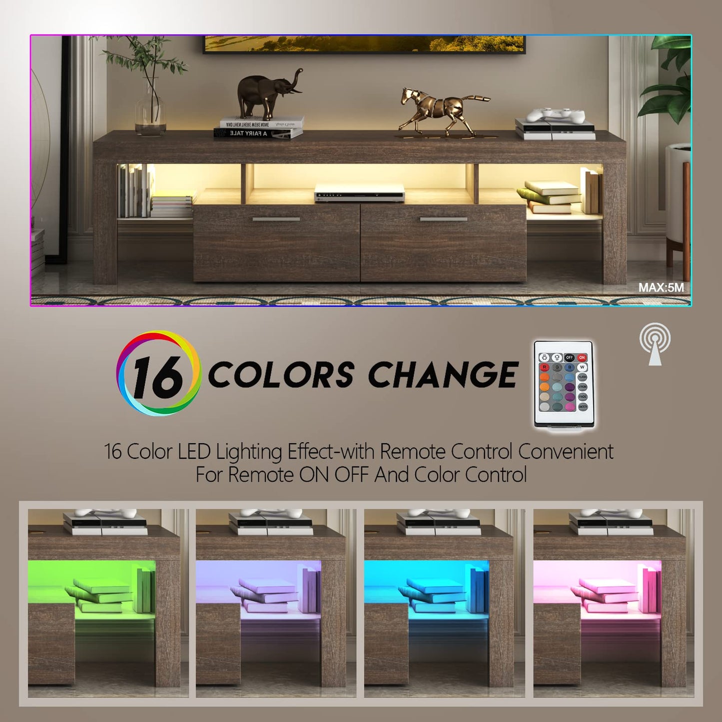 LED TV Stand with Large Storage Drawer -  Modern High Gloss TV Console Table with Entertainment Center