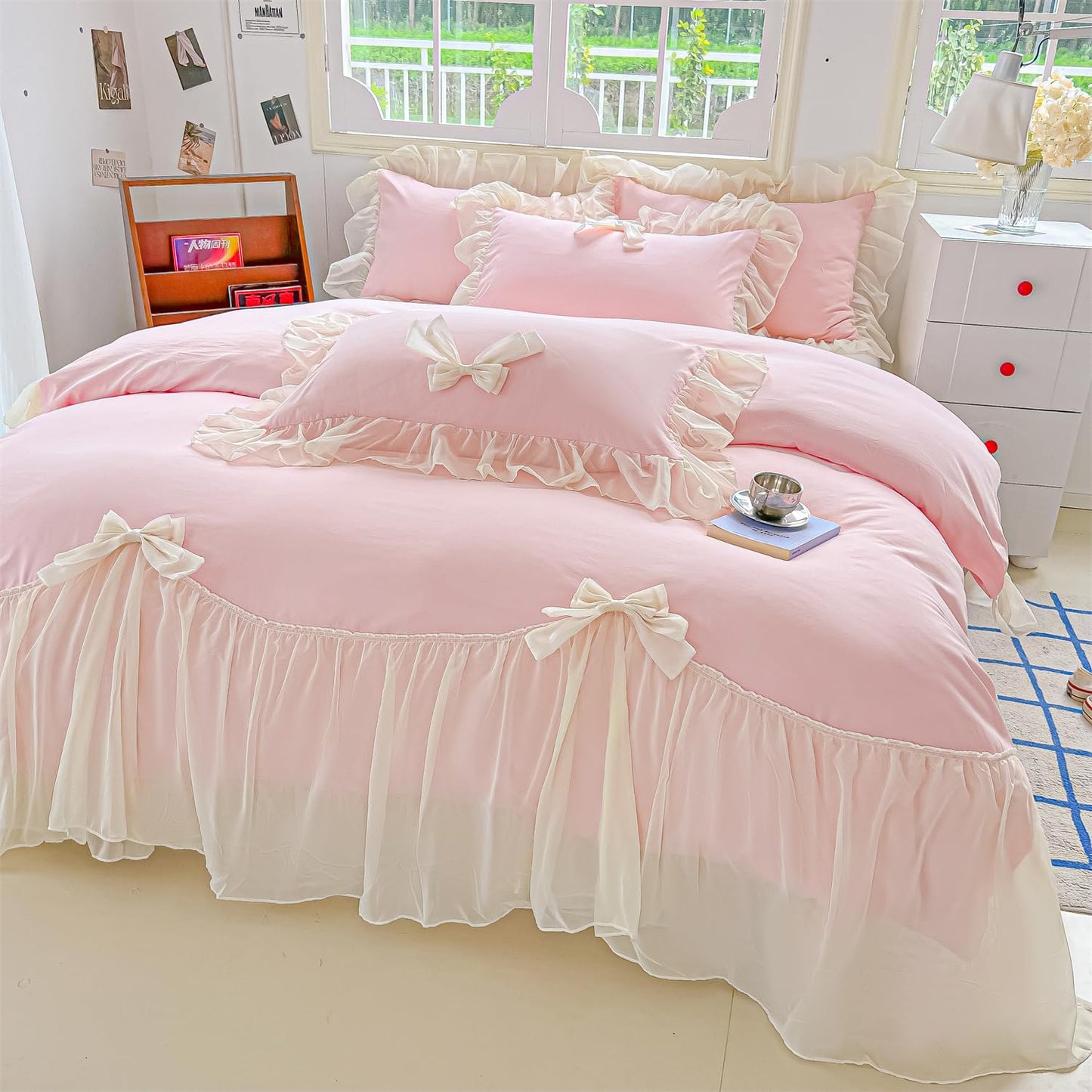 Princess Style Lace Bedding Comforter Cover Set, Chic Ruffled Duvet Cover with Lovely Bow, 1 Duvet Cover with 2 Pillowcases, No Comforter