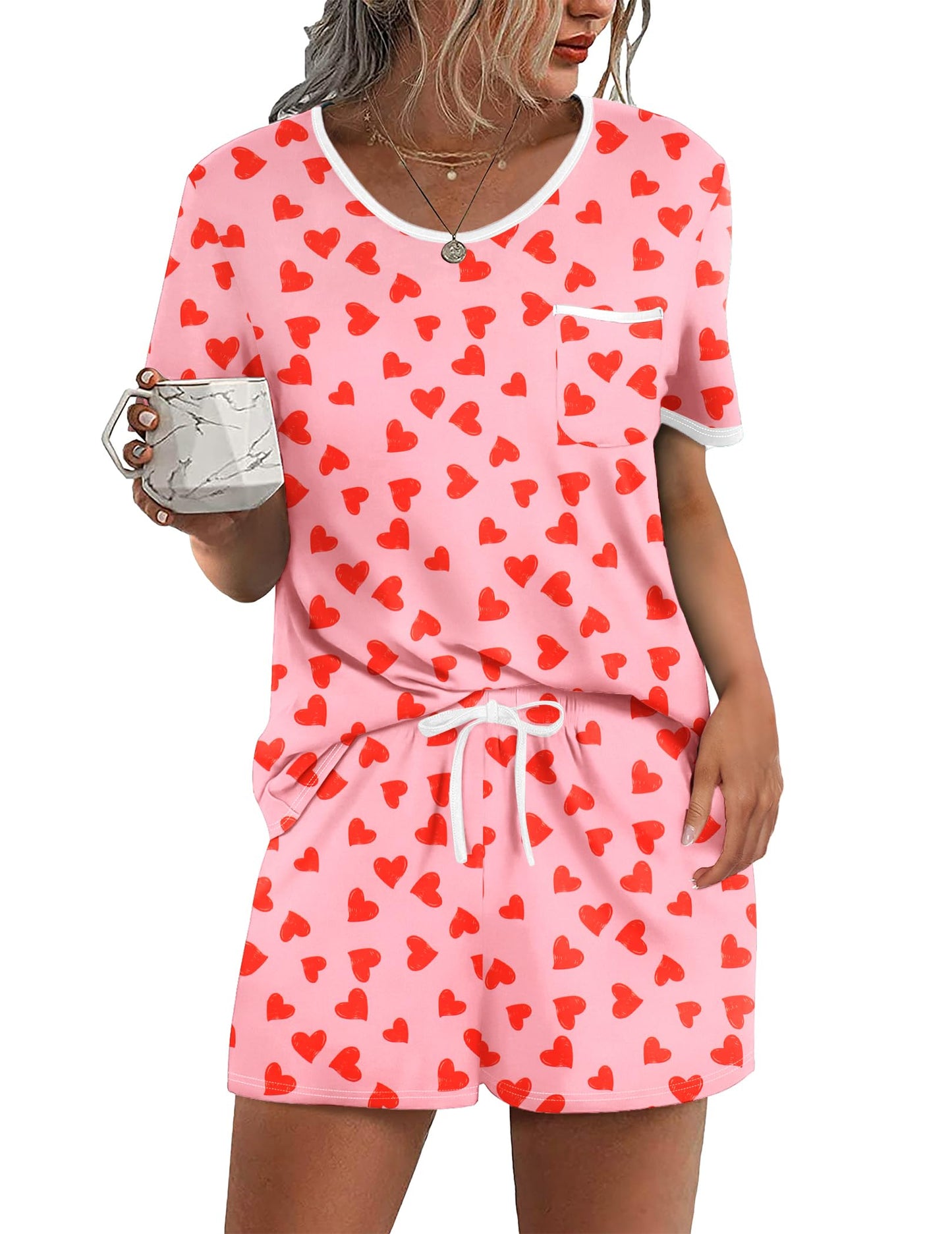 Pajama Set for 2 Piece Lounge Set Short Sleeve Tops and Shorts Soft Sleepwear, Chest Pocket