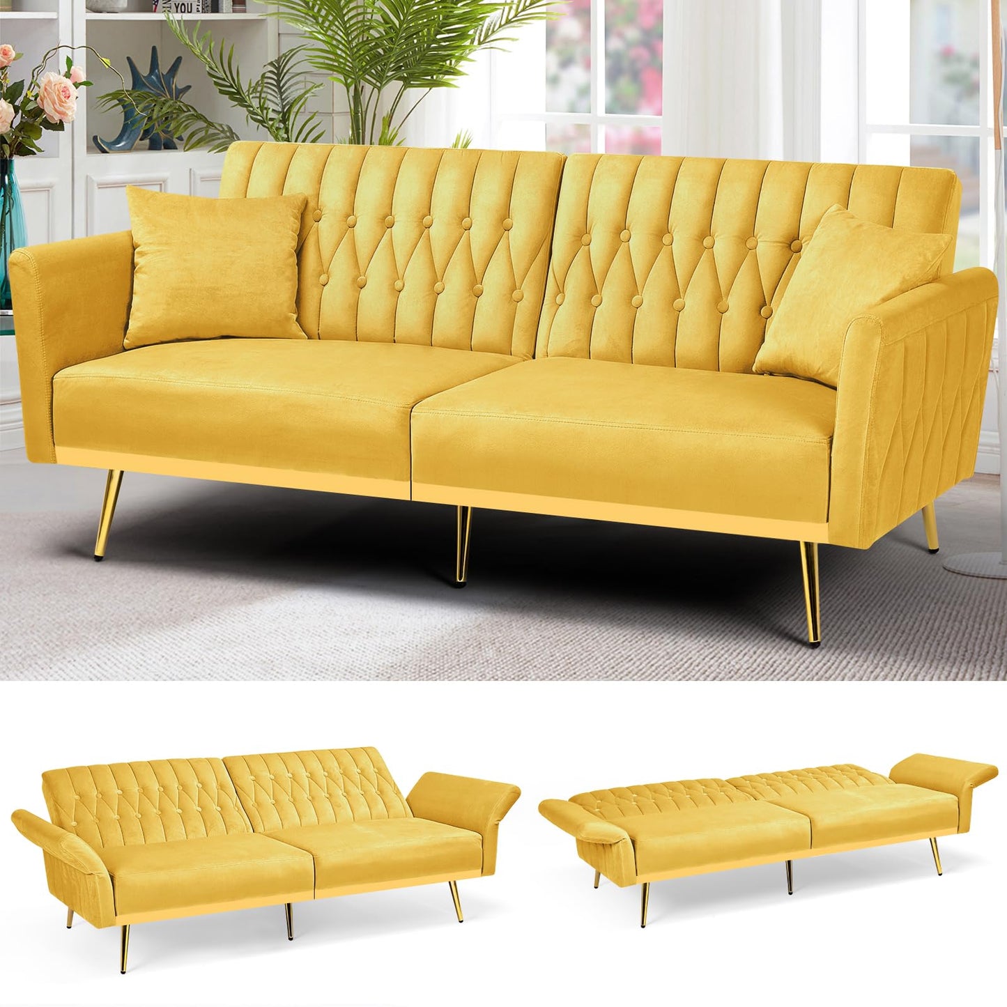 Velvet Futon Sofa Bed with 2 Pillows and Adjustable Armrests, 70”