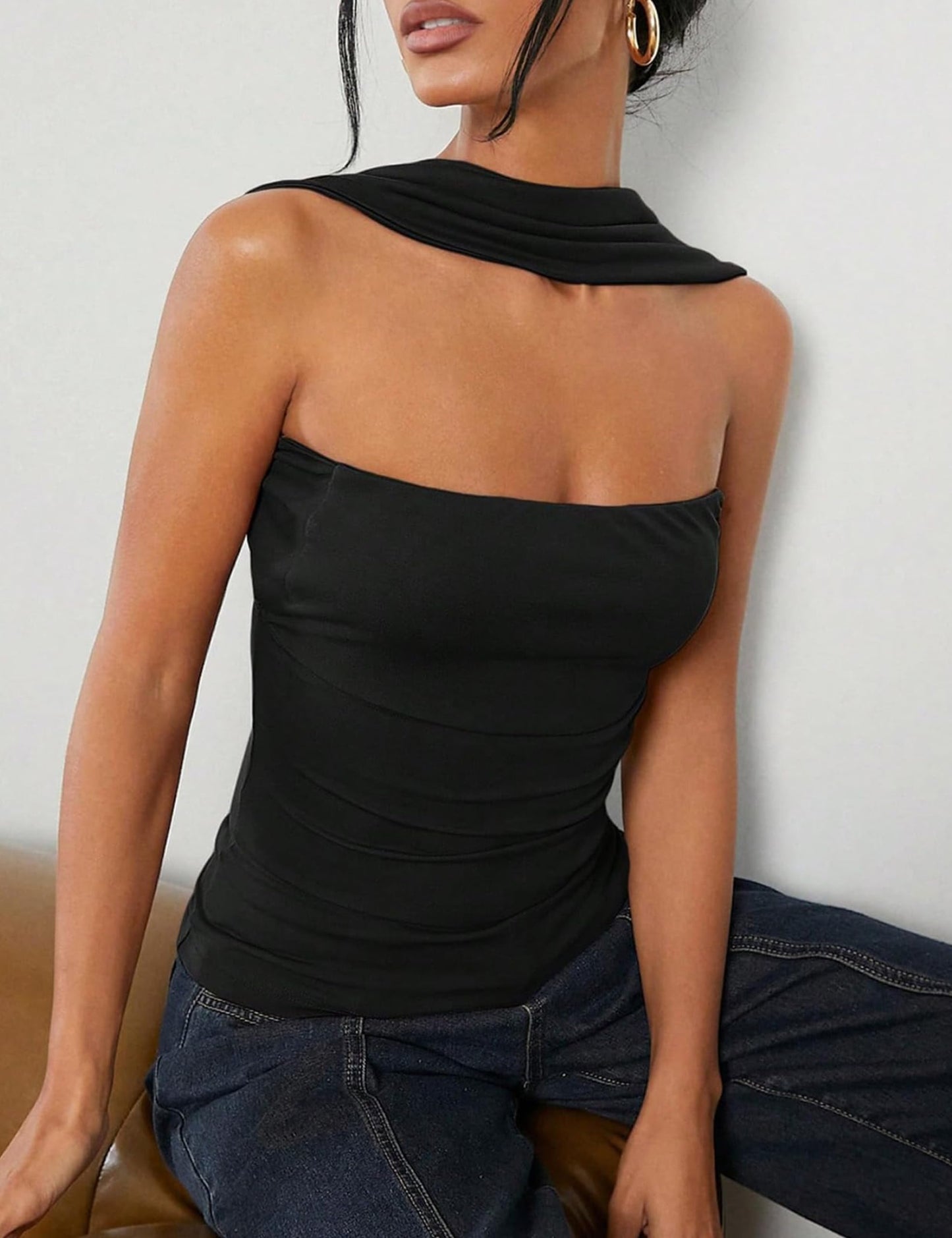 Ruched Strapless Halter Tube Top - Sexy Open Back Slim Fit Bandeau Shirt Sleeveless Off Shoulder