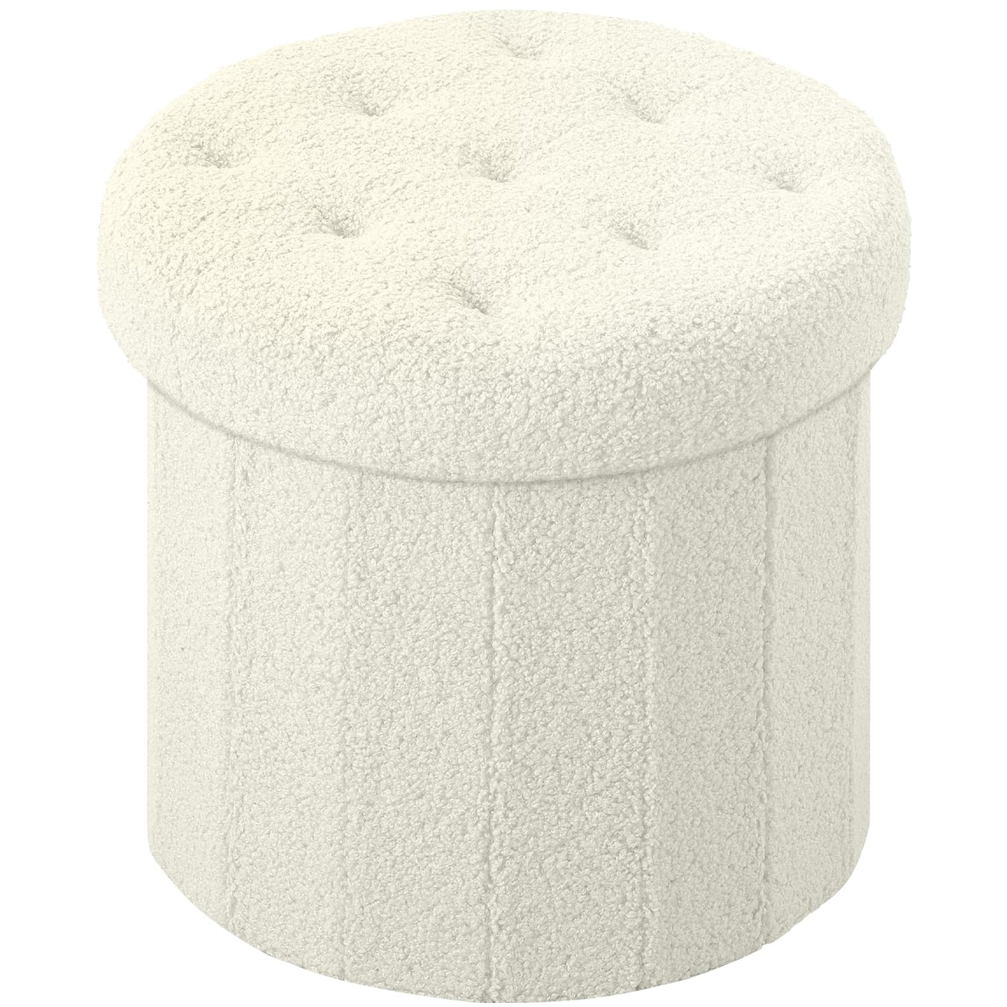 Round Storage Ottoman Foot Stool, Faux Teddy Tufted Ottoman with Storage, Foot Rest for Living Room Bedroom or Dorm 13.7x13.7x13 inches