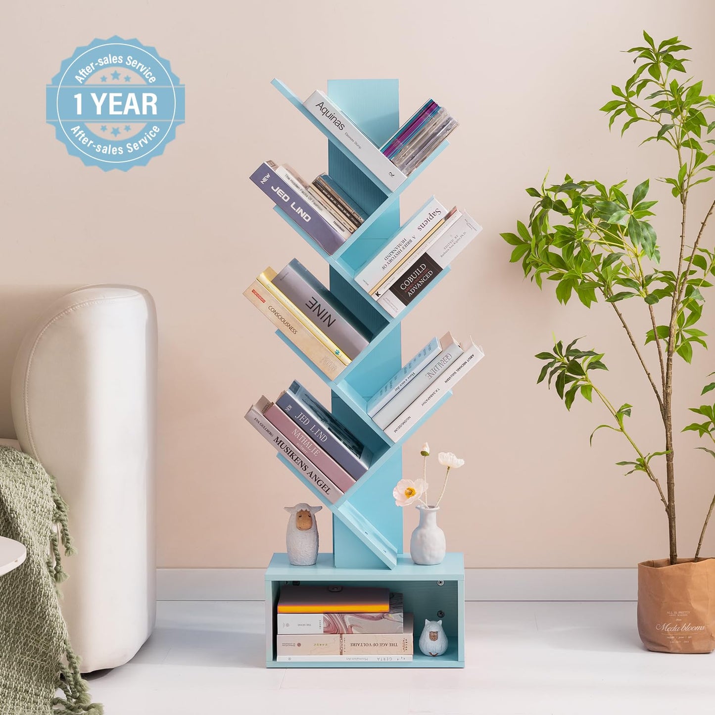 Tree Bookshelf - 6 Shelf Retro Floor Standing Bookcase, Tall Wood Book Storage Rack