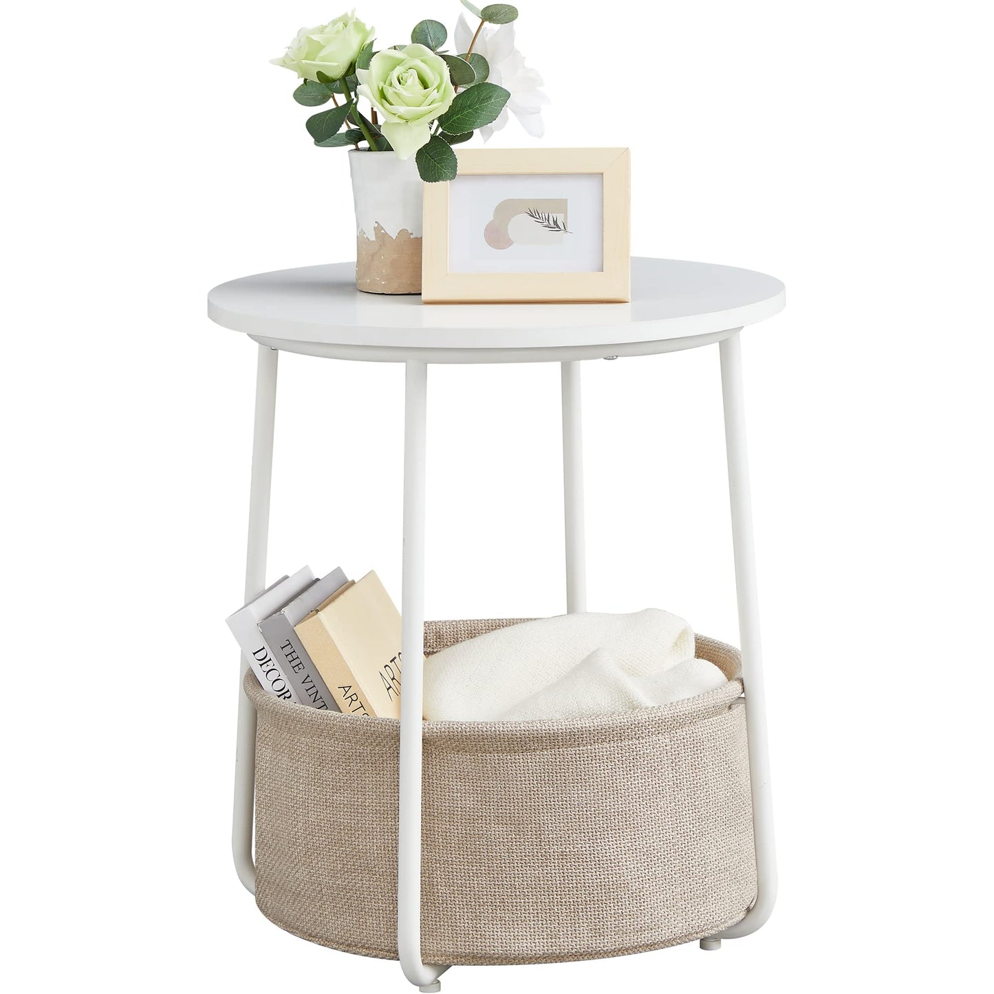 Small Bedside Table with Fabric Basket, Modern Nightstand, Round Side Table