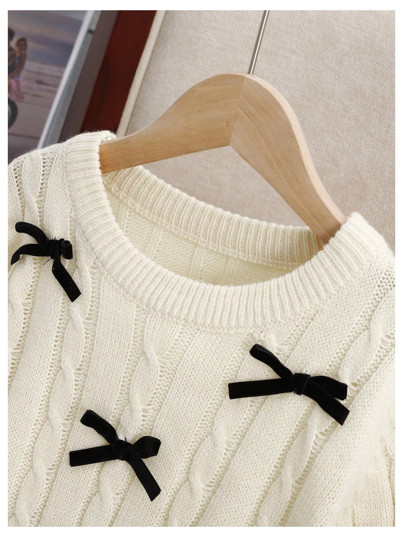 Girl's Cute Bowknot Pullover Tops Crew Neck Knit Long Sleeve Sweater