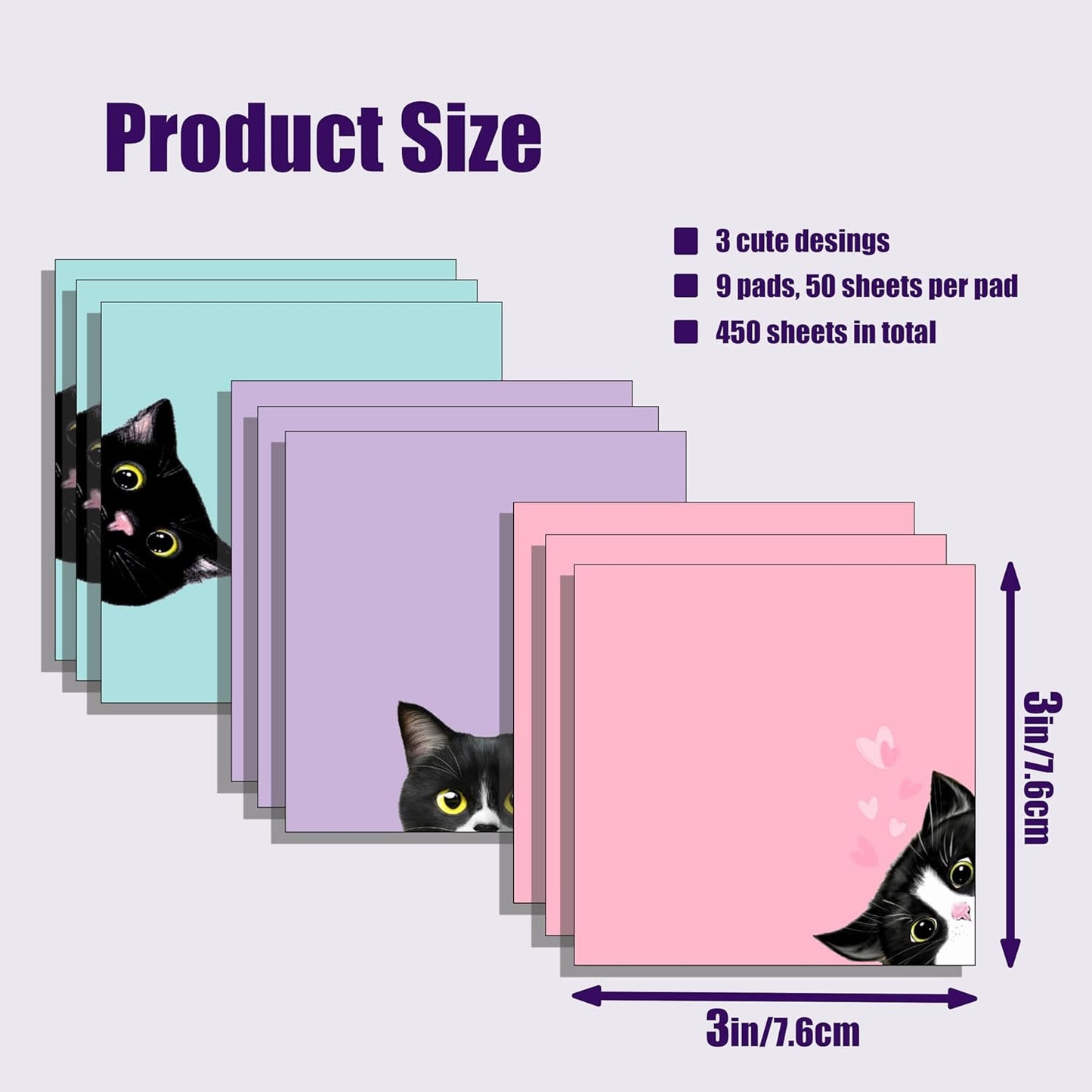 Sticky 9-Pad Black Cat Notes Set – Pink 3x3" Self-Stick Memo Pads for Cat Lovers