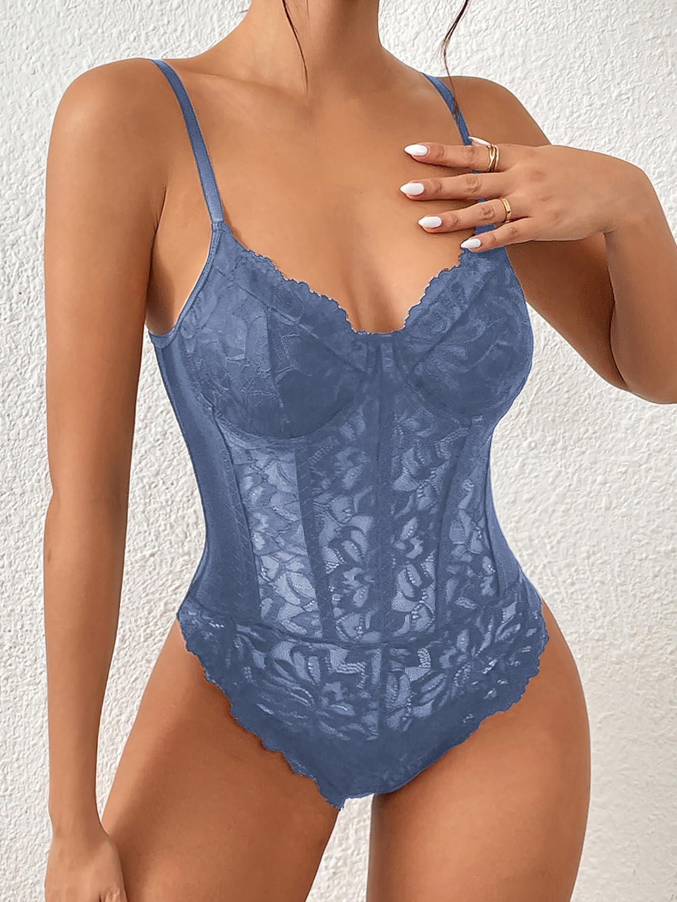 Sexy Floral Lace Sheer Mesh Corset Bodysuit Spaghetti Strap Cami Tops