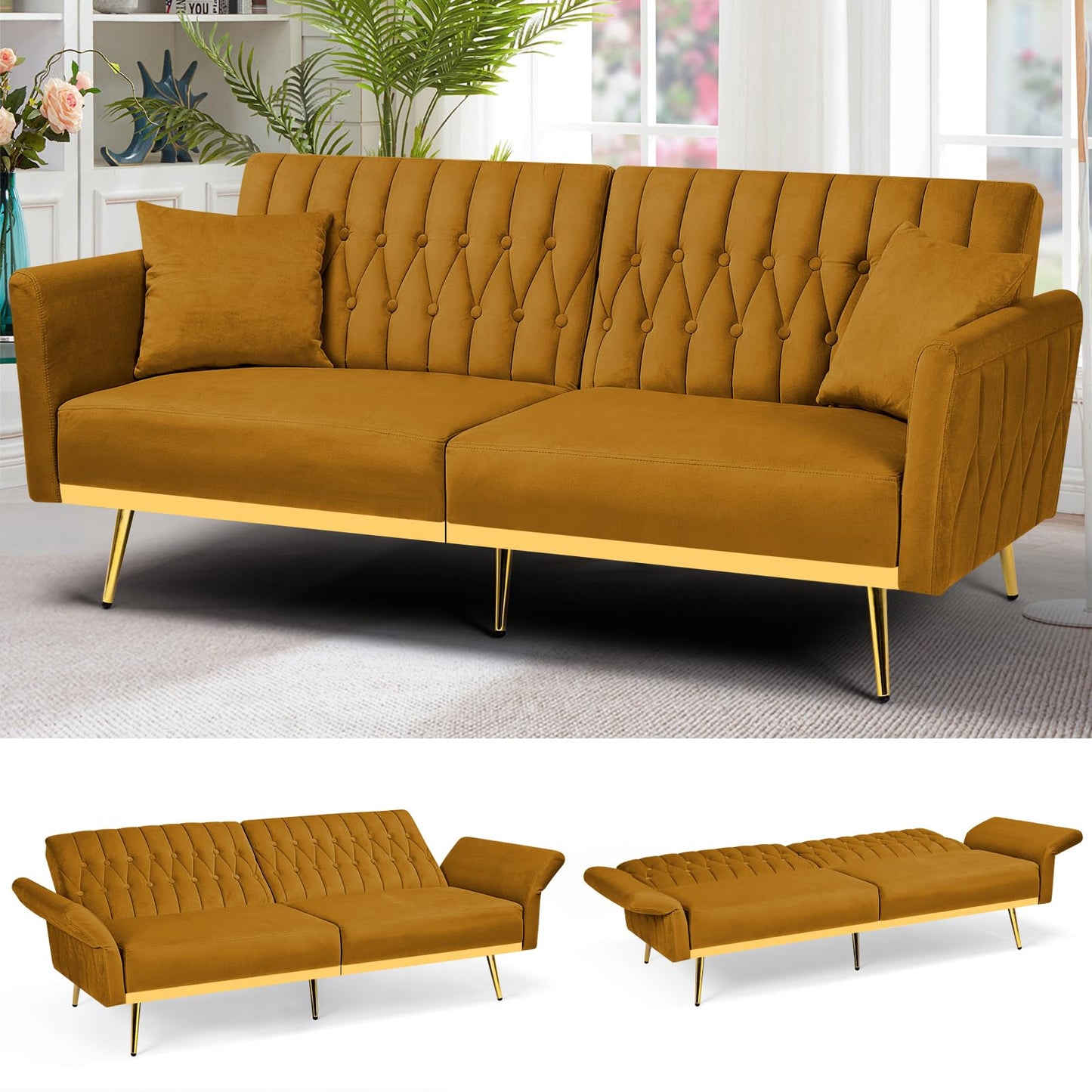 Velvet Futon Sofa Bed with 2 Pillows and Adjustable Armrests, 70”