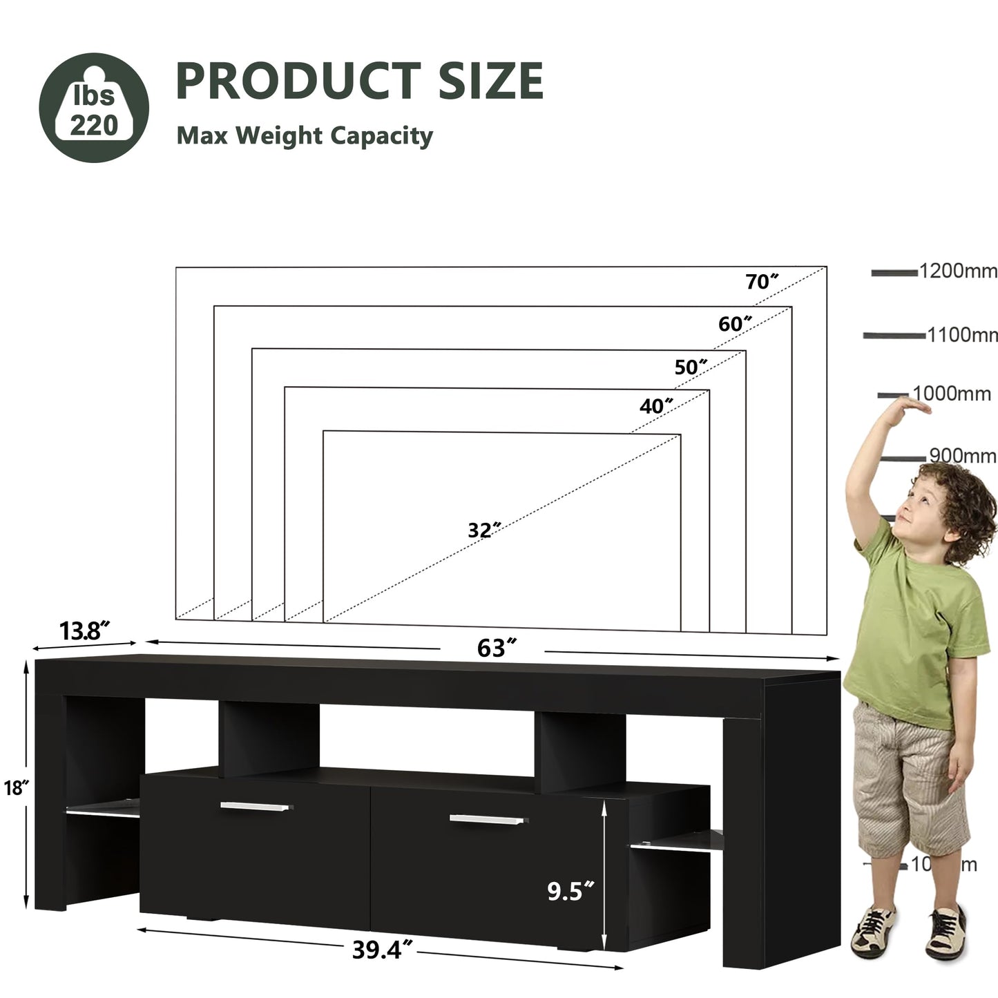 LED TV Stand with Large Storage Drawer -  Modern High Gloss TV Console Table with Entertainment Center