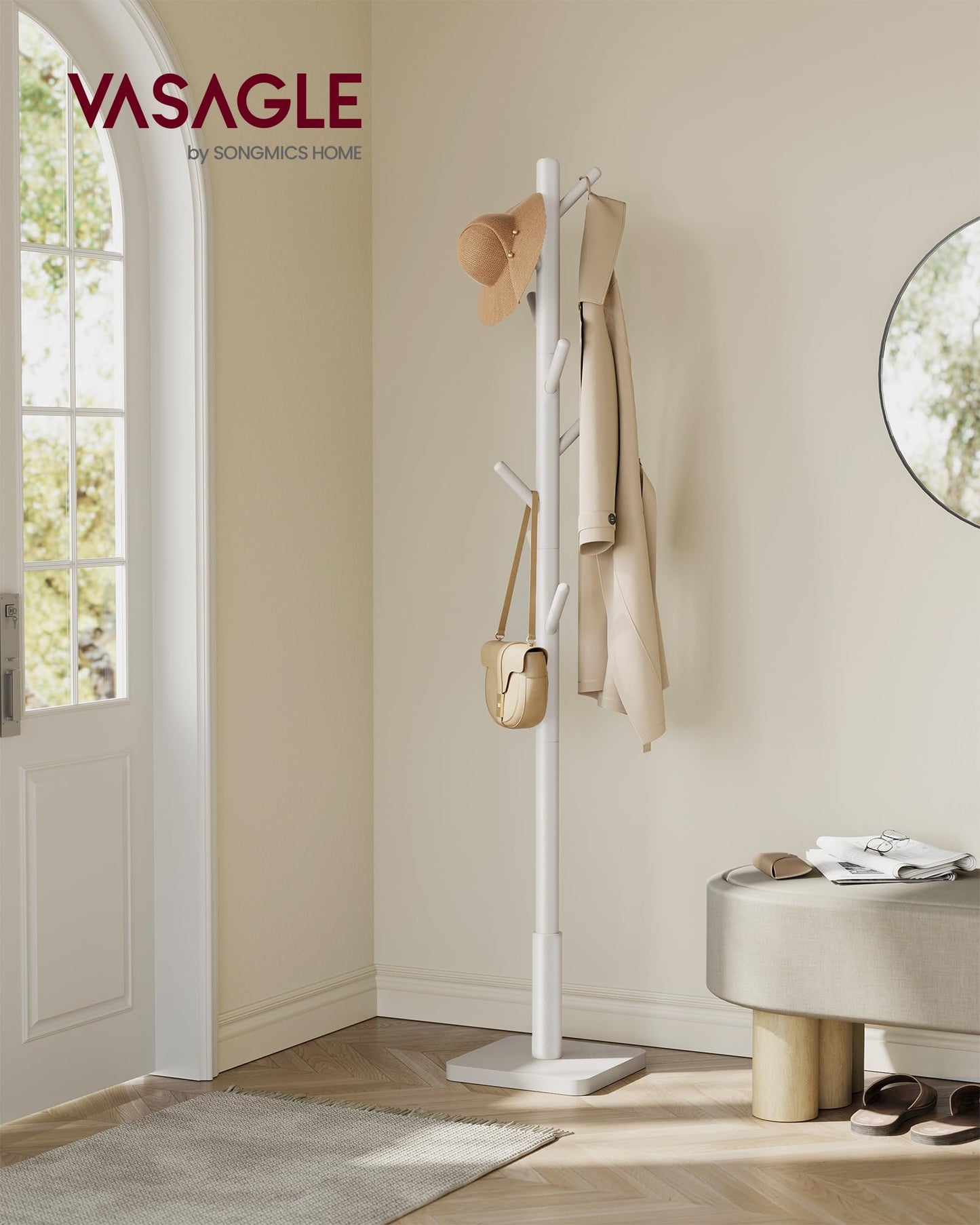 Solid Wood Coat Rack – Free-Standing Tree with 8 Hooks, Adjustable Height for Coats, Hats, and Bags