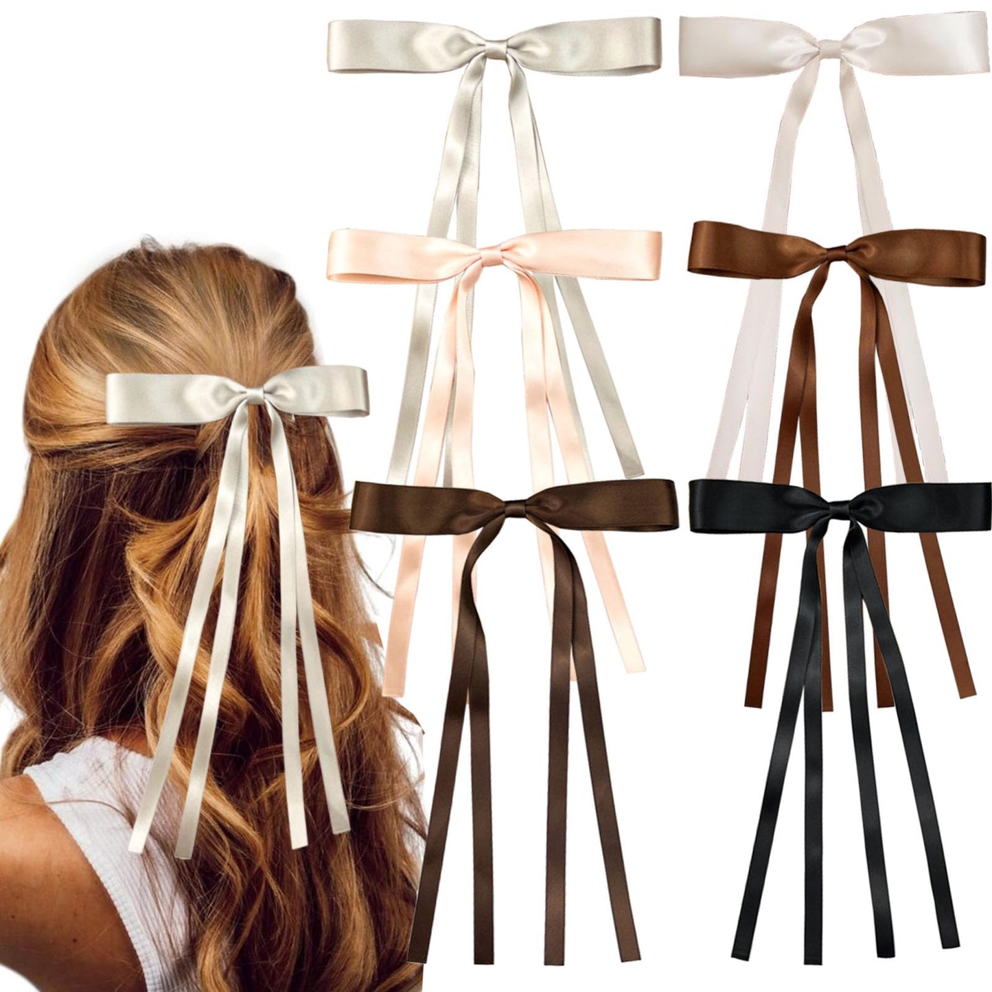 Satin 4-Piece Hair Ribbon Clips for Women and Girls – Pink and Beige Long Tail Bow Hair Accessories