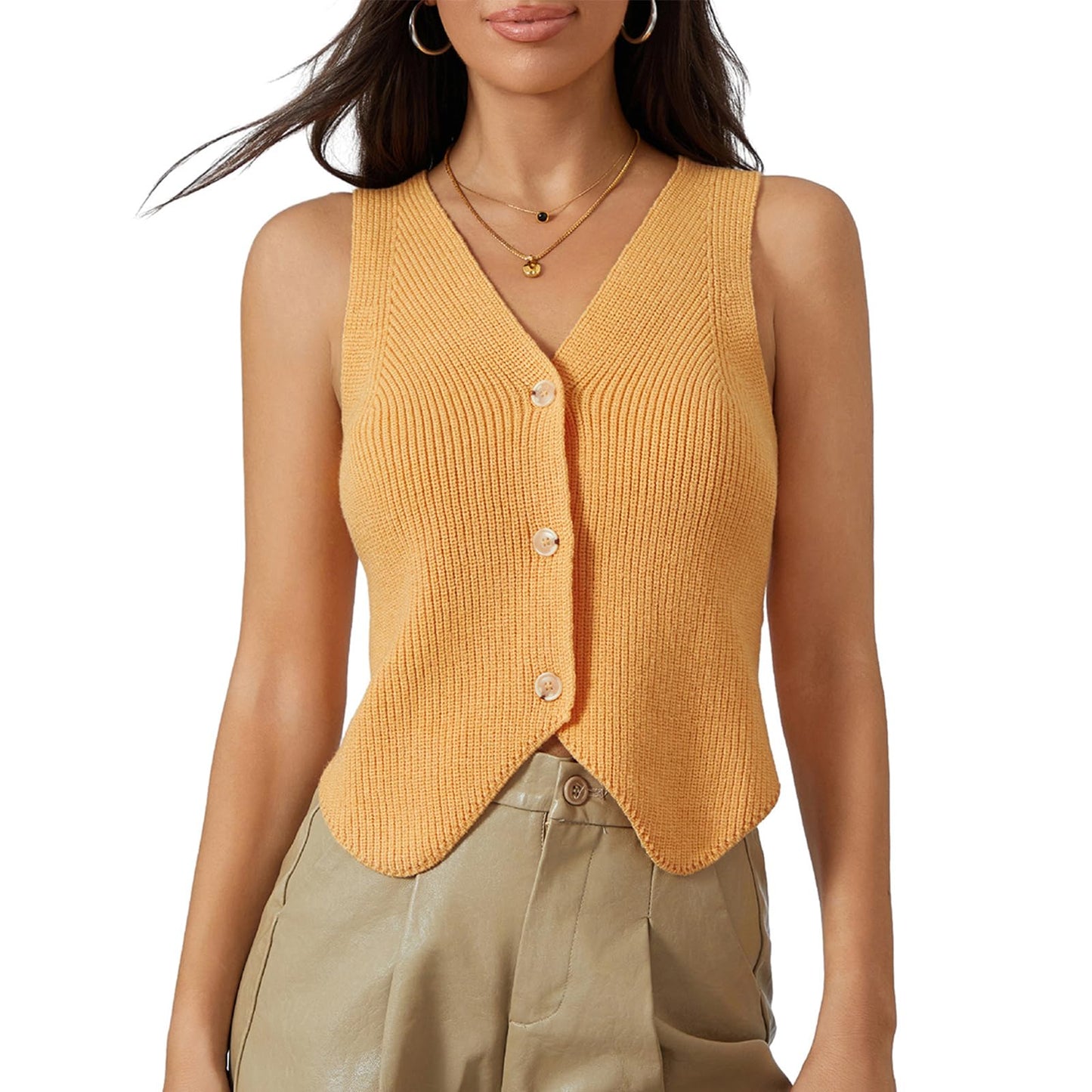 Women Knit Vest Top Y2k V Neck Sleeveless Button Up Crochet Streetwear