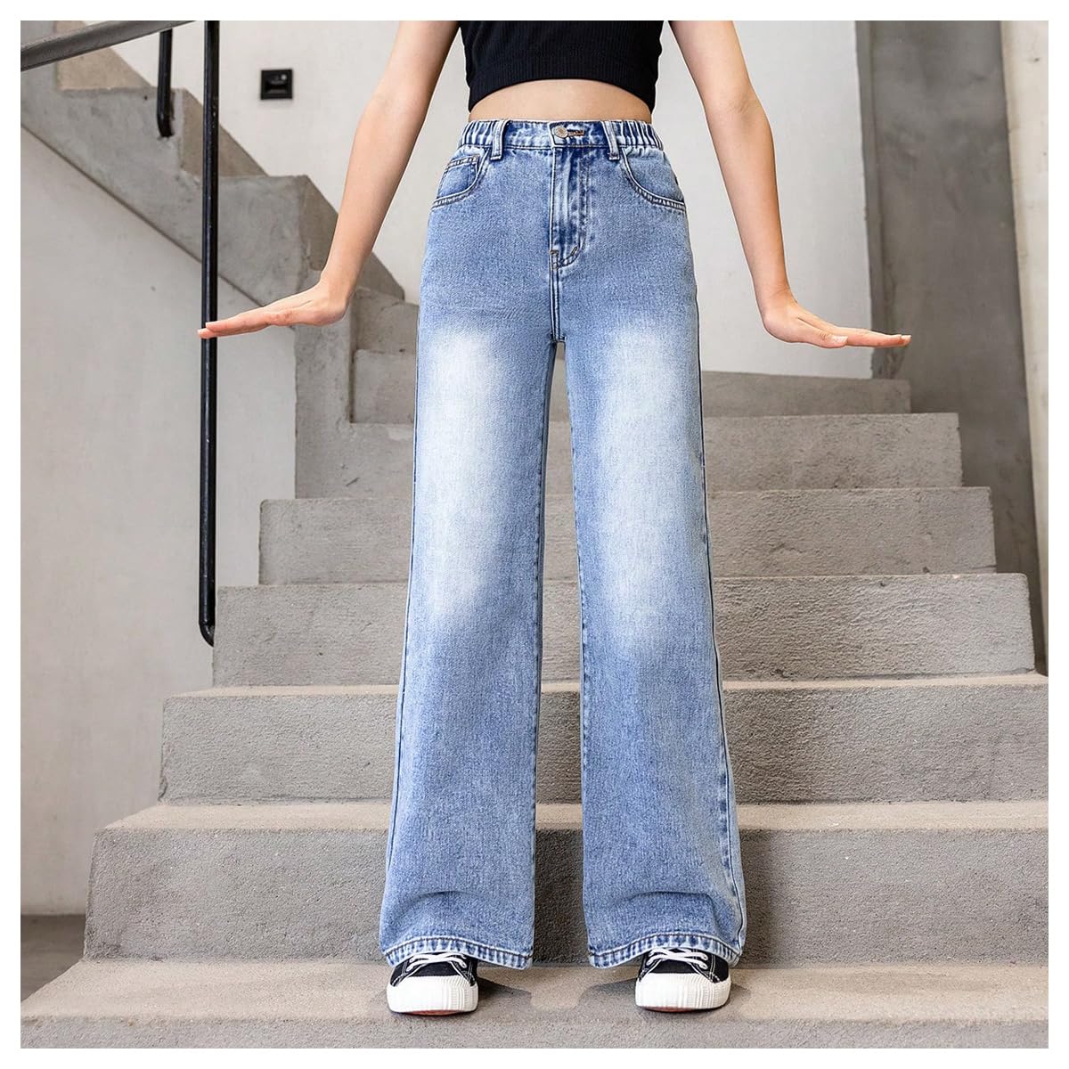 Girl's Bow Print Back Zipper Fly Elastic High Waist Denim Pants Basic Wide Leg Jeans