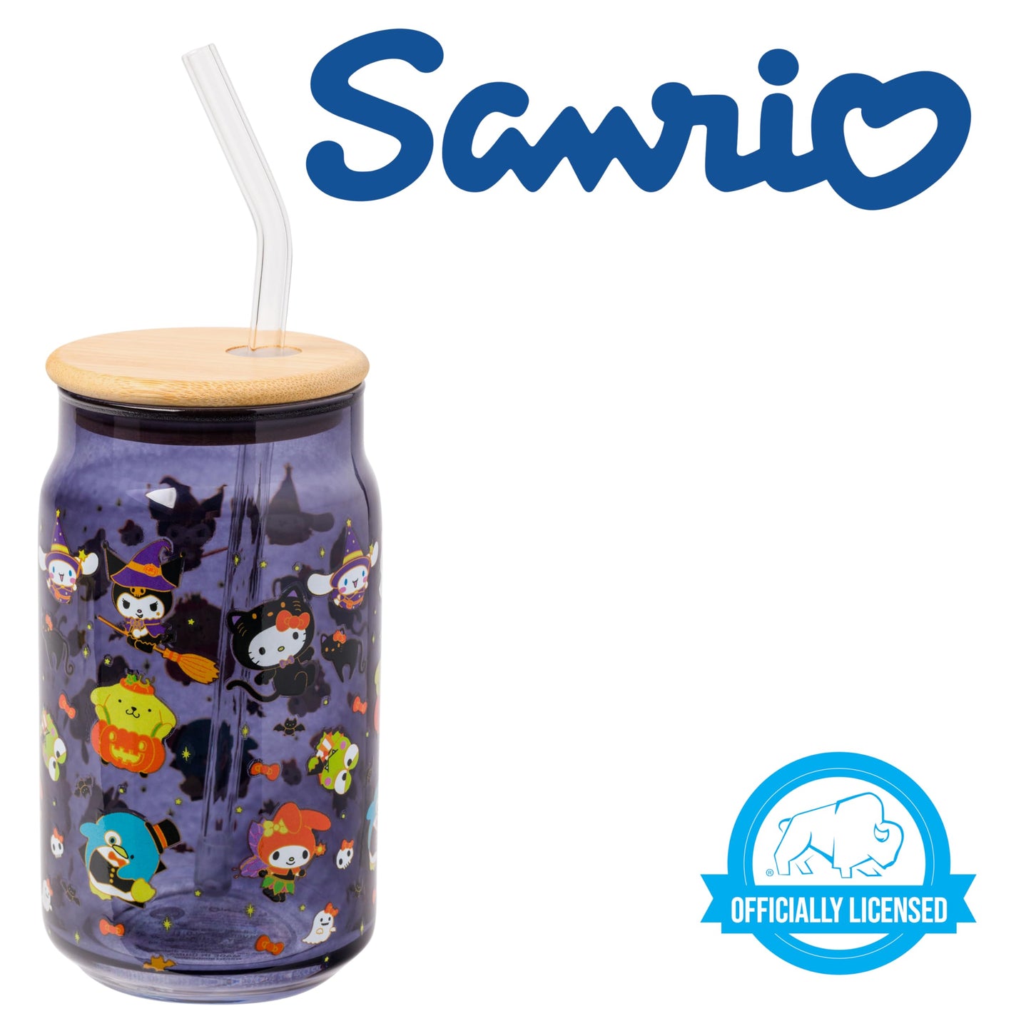 Sanrio Glass Jar Tumbler with Bamboo Lid and Glass Straw, 16 Ounces