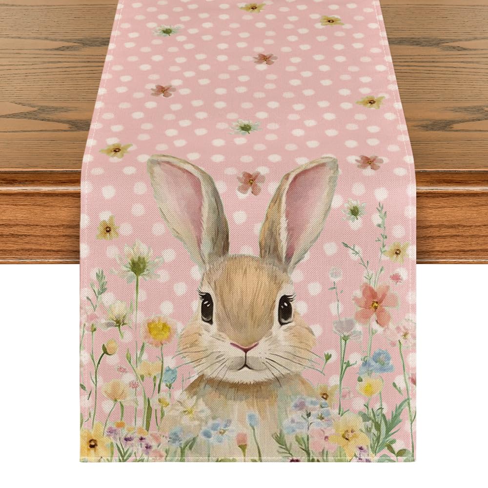 Floral Bunny Rabbit Easter Table Runner, Seasonal Spring Kitchen Dining Table Decoration for Home Party Decor 13x72 Inch