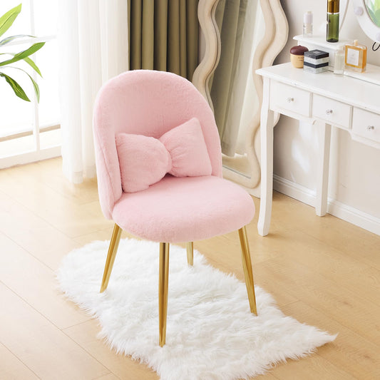 Cute, non-wheeled desk chair with backrest, fluffy cushion, cozy makeup chair with adjustable golden legs