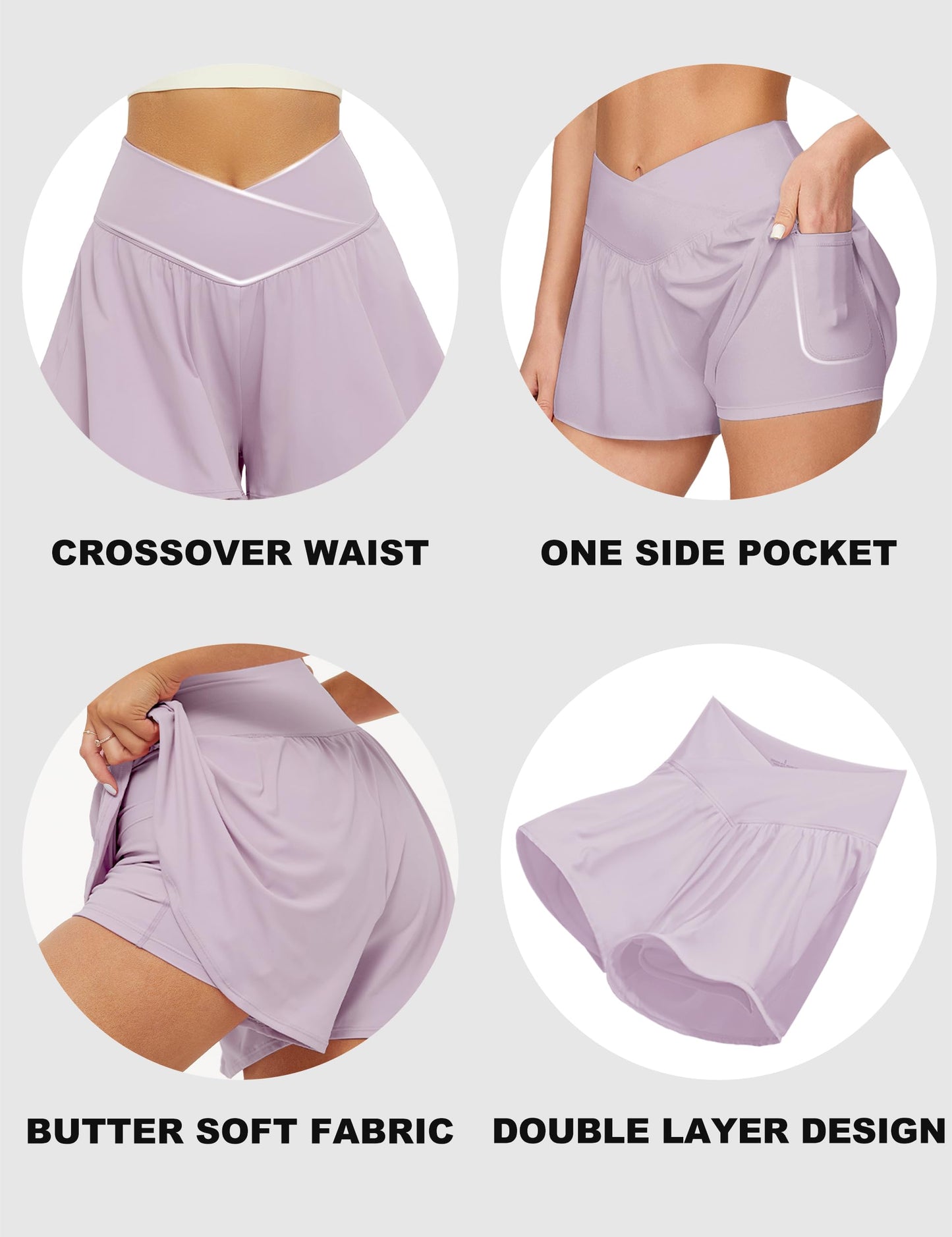 Crossover Athletic Shorts for Women – 2-in-1 Flowy Running Shorts with Pockets & Spandex Tennis Skorts