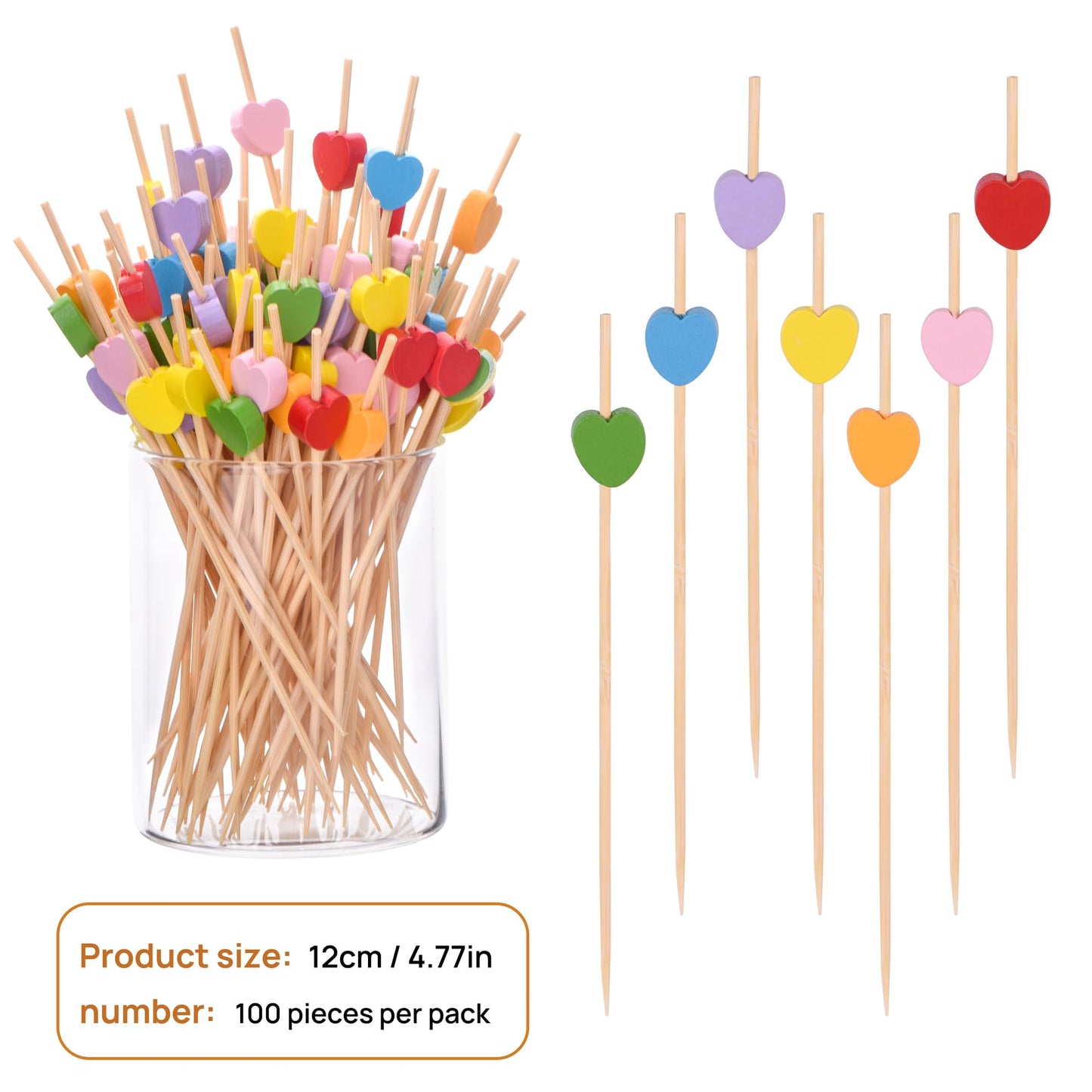 Heart-Shaped Bamboo Cocktail Picks – Natural Toothpicks for Appetizers, Fruit, Desserts & Sandwiches 100-Pack