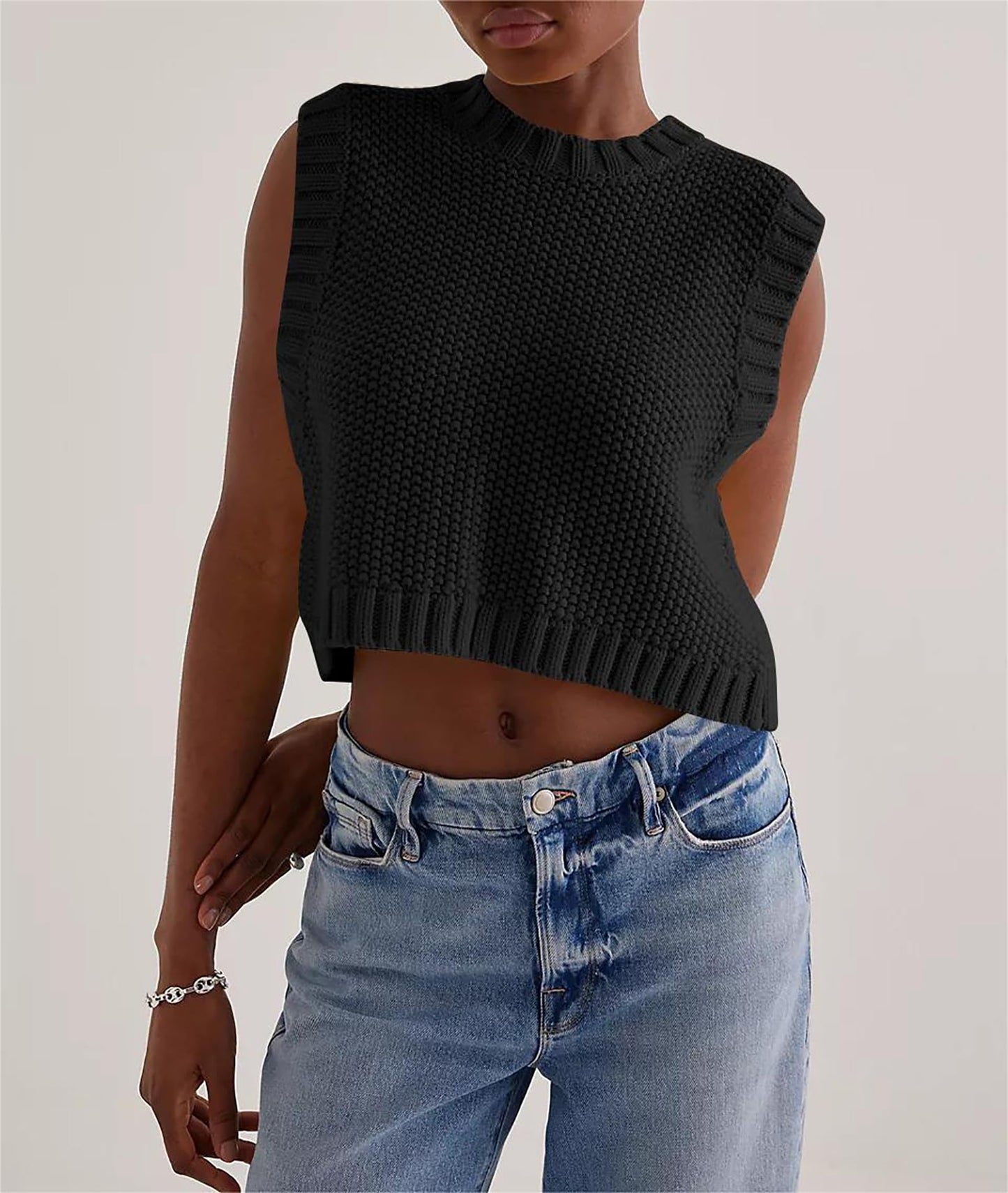 Y2K Backless Tie Up Knit Crop Sweater Vest Sleeveless Round Neck Split Open Back Pullover