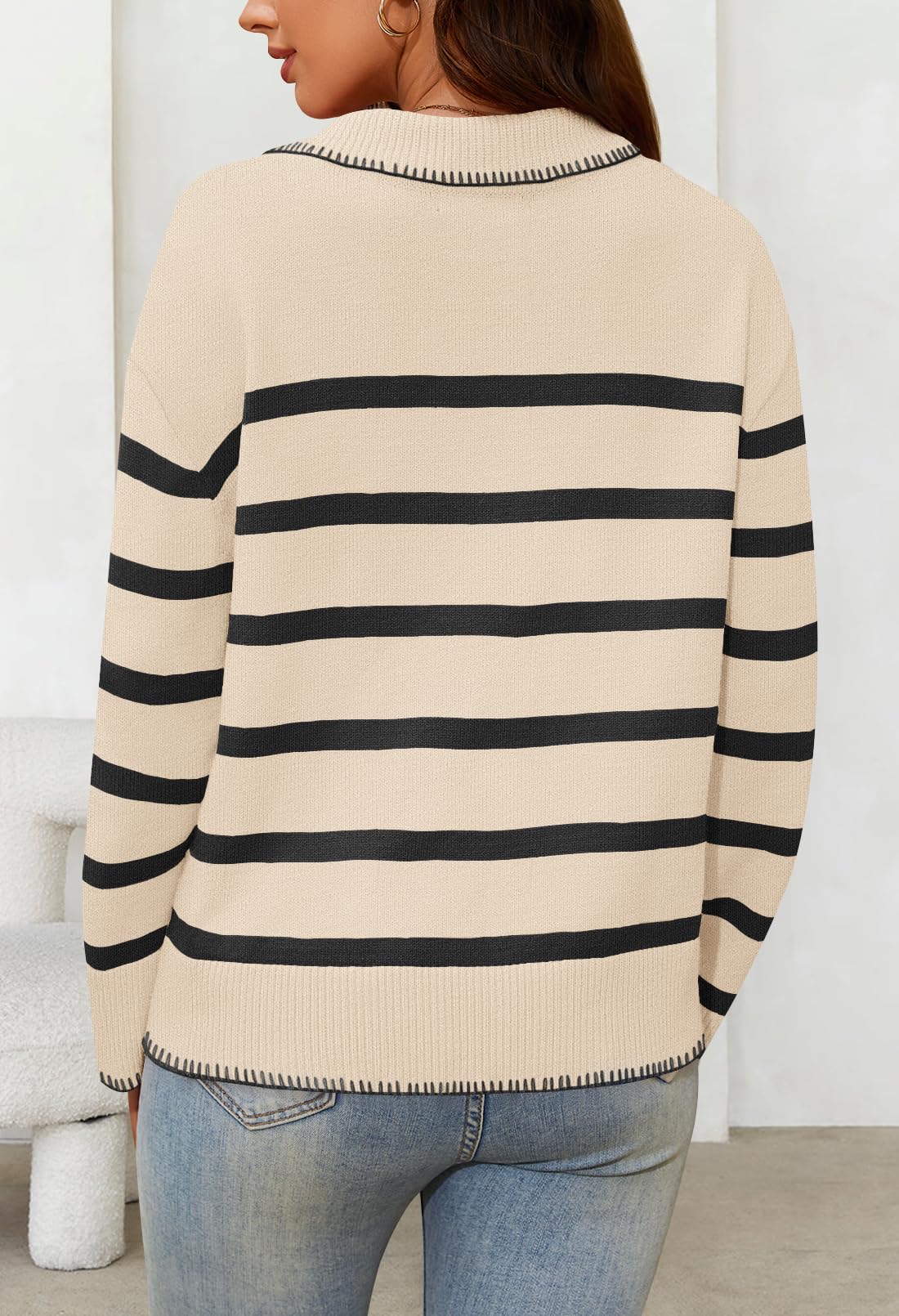 Women's Oversized Striped Sweater Collared V Neck Long Sleeve Knit Pullover