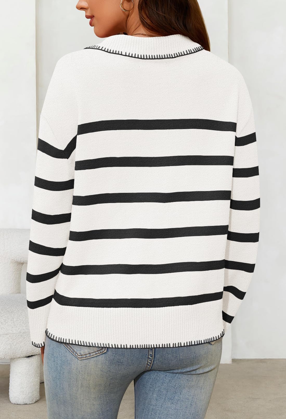 Women's Oversized Striped Sweater Collared V Neck Long Sleeve Knit Pullover