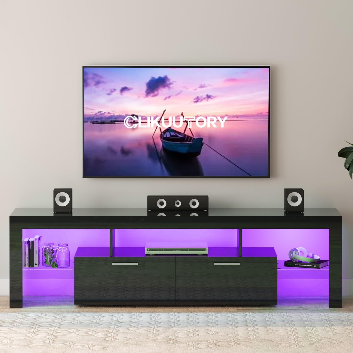 LED TV Stand with Large Storage Drawer -  Modern High Gloss TV Console Table with Entertainment Center