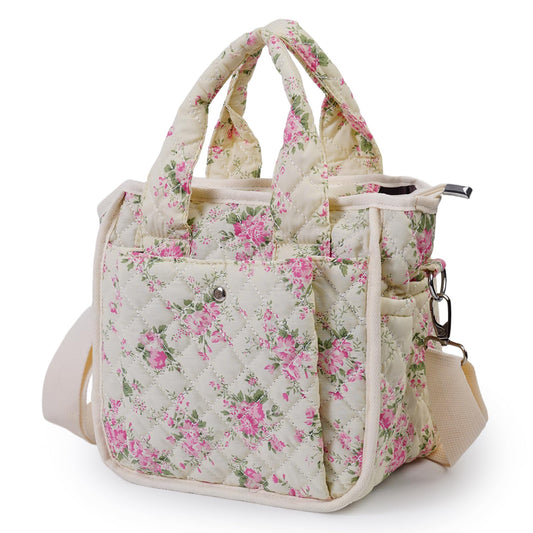 Small Floral Quilted Tote Bag - Cute Crossbody Shoulder Purse with Pockets