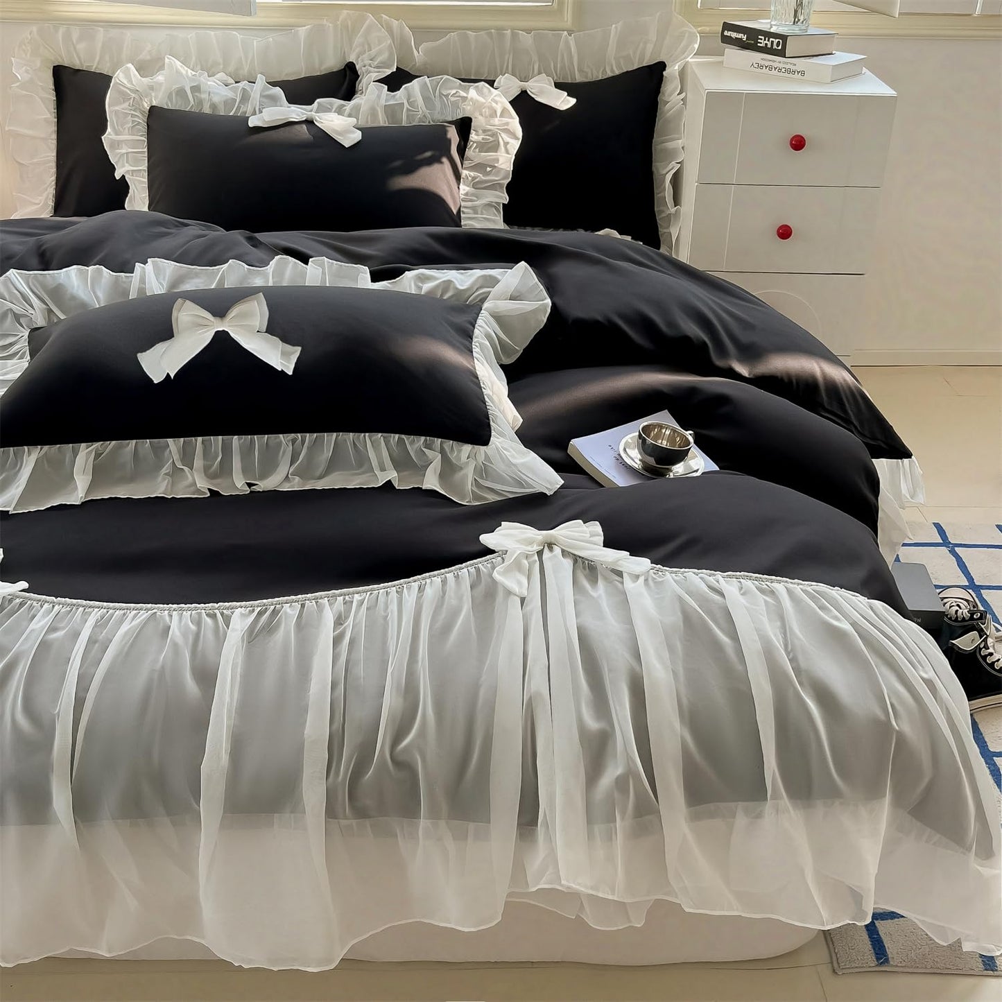 Princess Style Lace Bedding Comforter Cover Set, Chic Ruffled Duvet Cover with Lovely Bow, 1 Duvet Cover with 2 Pillowcases, No Comforter