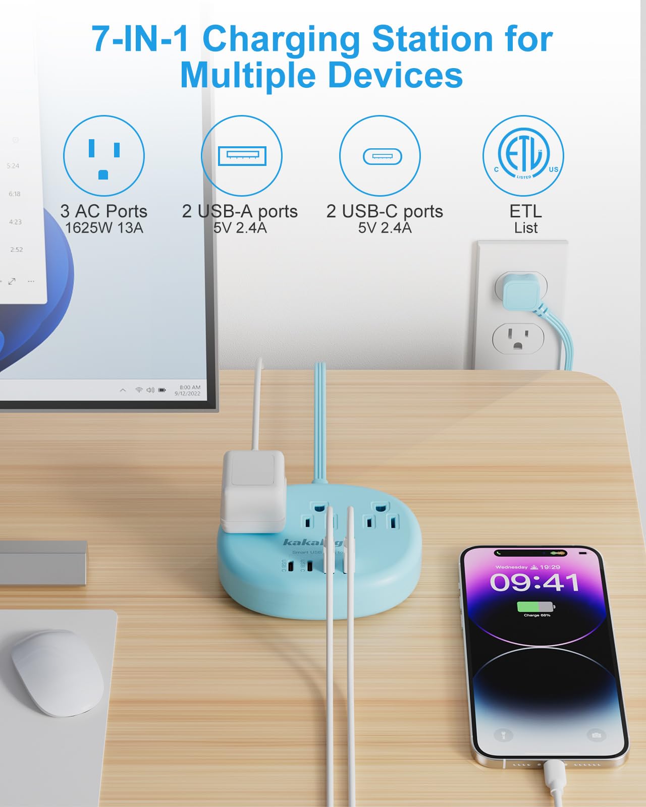 Cute Surge Protector – 5FT Flat Extension Cord, 3 Outlets, 4 USB Ports (24W)