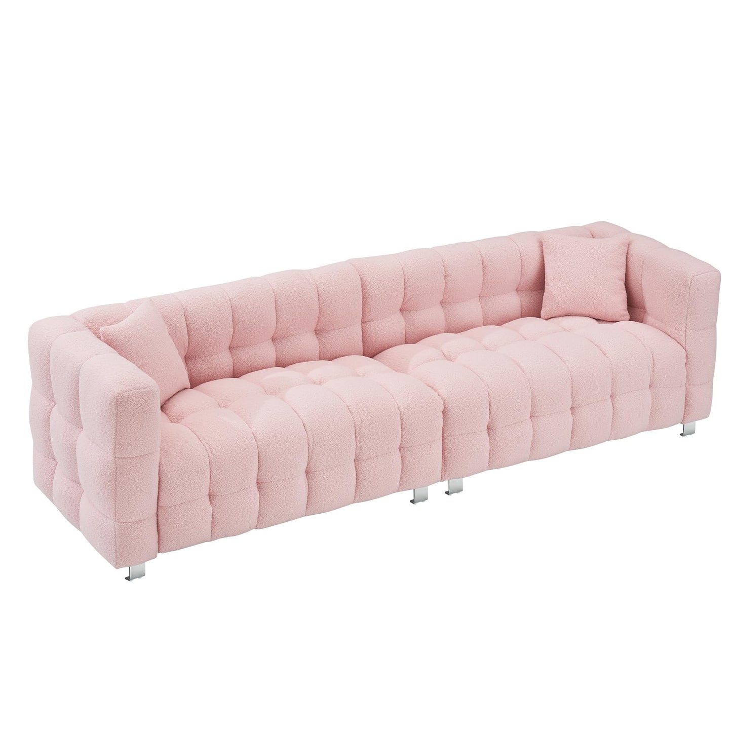 Modern Sofa Couch with Metal Legs Upholstered Tufted 3 Seater Couch with 2 Pillows Decor