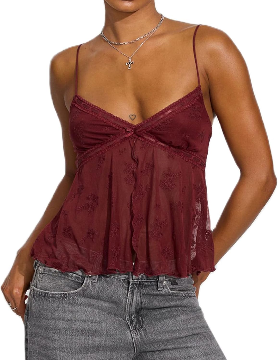 Women Ruffle Lace Patchwork Cami Tank Top Deep V Neck Backless A Line Camisole