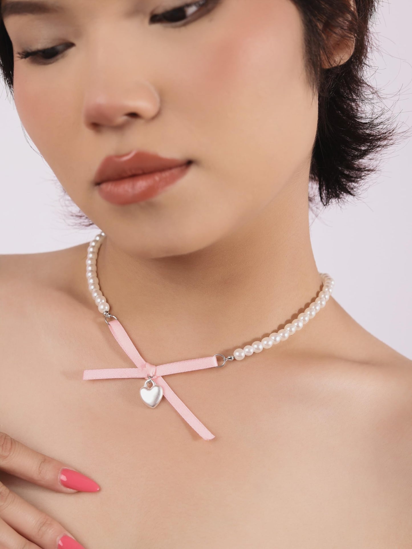 Y2K Kawaii Coquette Pink Bow Cutecore Aesthetic Beaded Choker Necklace