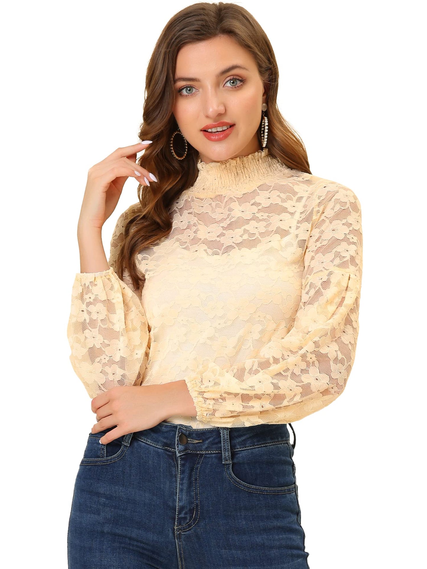 Floral Lace Top Turtleneck Puff Long Sleeve See Through Sheer Blouse