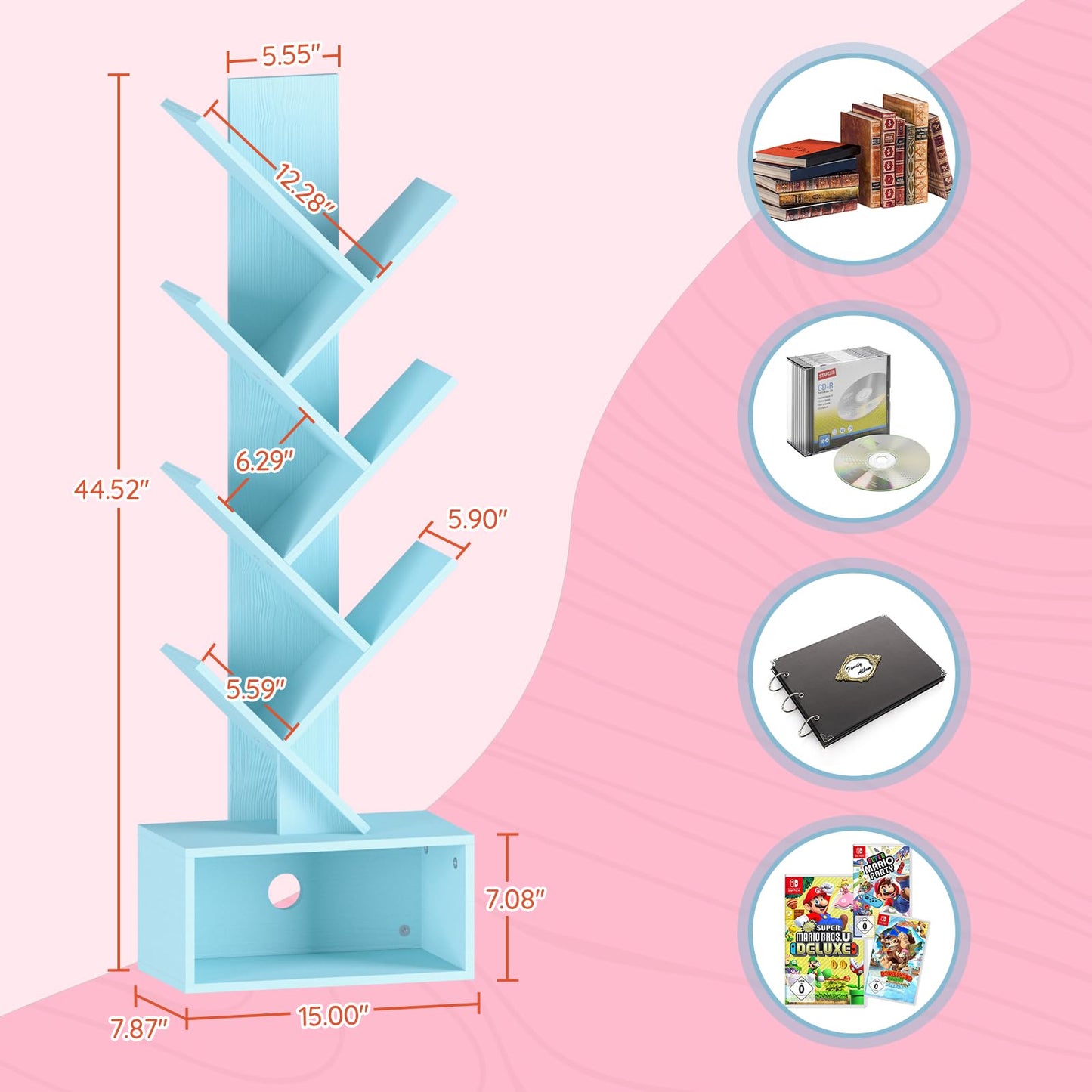 Tree Bookshelf - 6 Shelf Retro Floor Standing Bookcase, Tall Wood Book Storage Rack