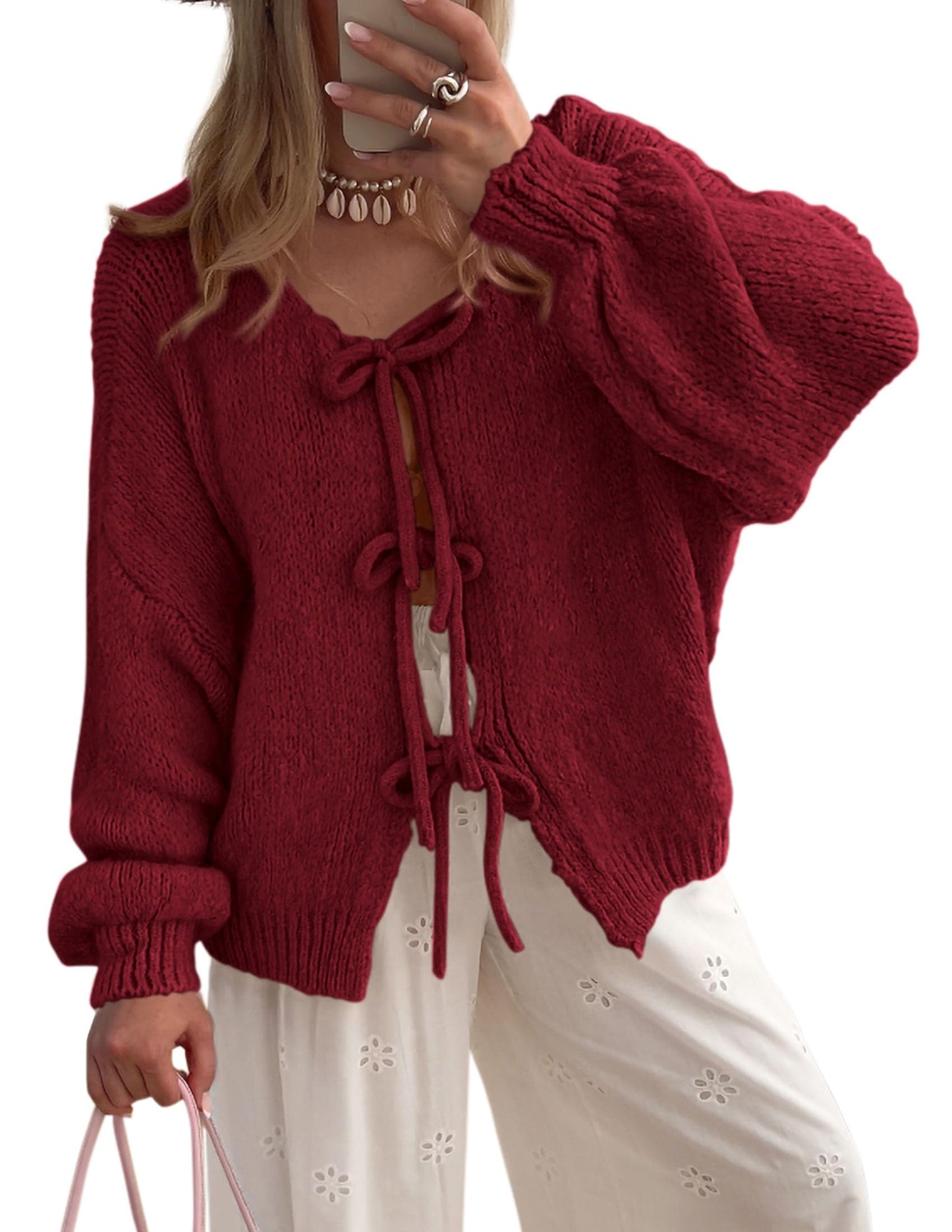 Women's Tie Front Bow Cardigan Sweaters Chunky Knit Long Puff Sleeve